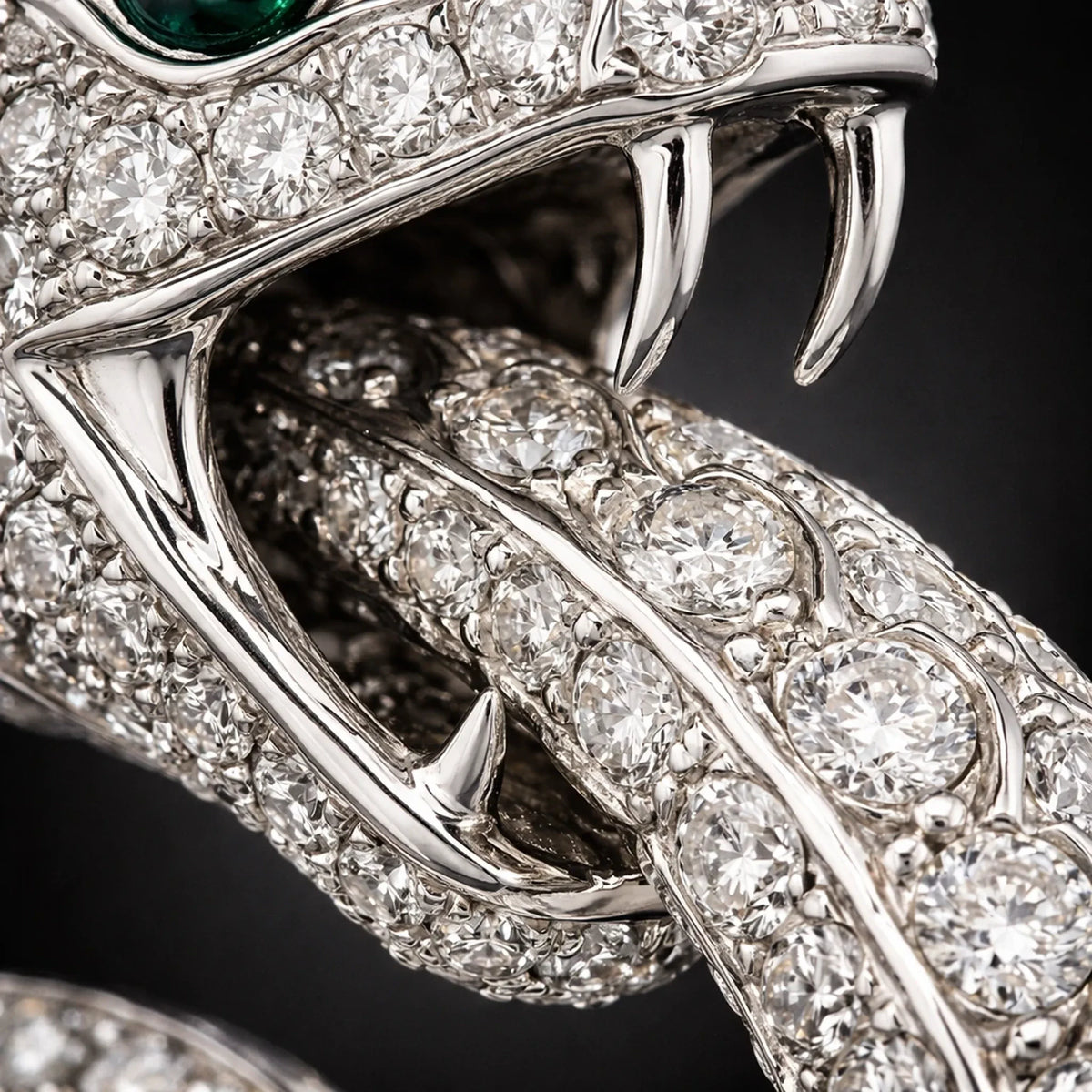Hyper Jewel Nebula Ouroboros Serpent macro by Redbutan featuring pavé natural diamonds, white gold fangs, and emerald detail in an auction-house-worthy studio image