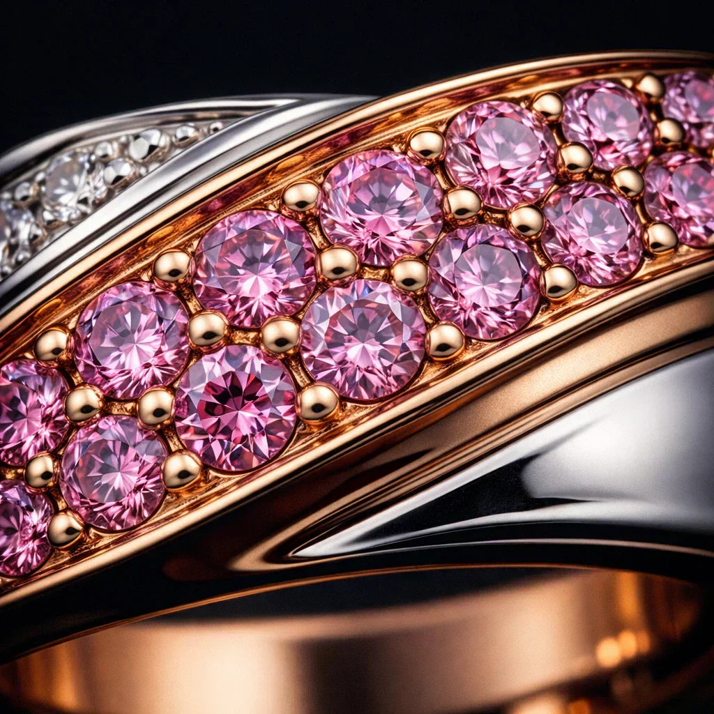 Hyper Jewelry pink sapphire andromeda ring in rose gold with diamond accents, one-of-one high jewelry design by Redbutan showcasing non-replicable impossible to copy craftsmanship