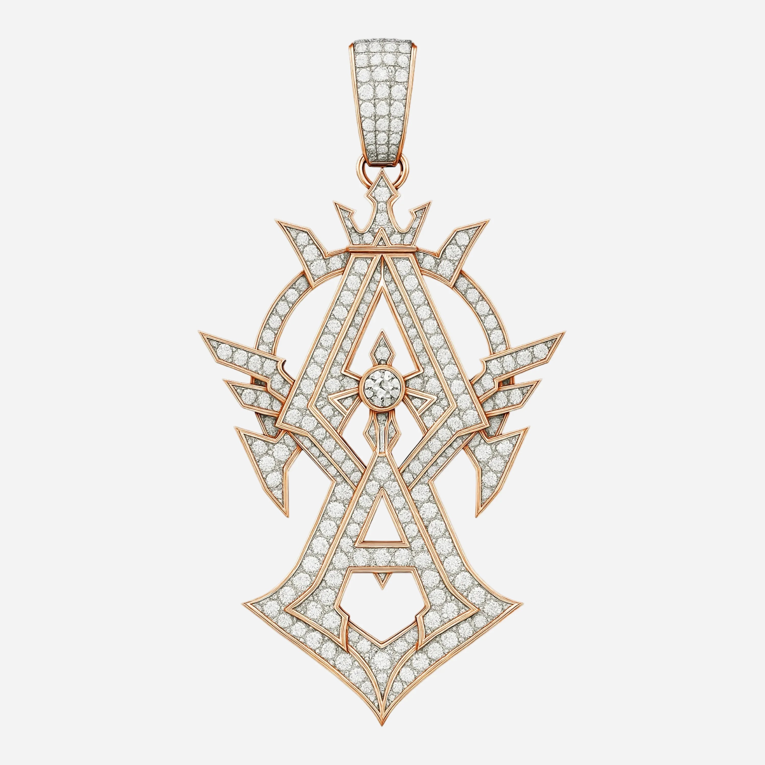 Close-up of RedButan iced-out letter A pendant in white gold, fully pavé-set with round diamonds, featuring a central bezel-set round diamond, crown motif finial and winged accents