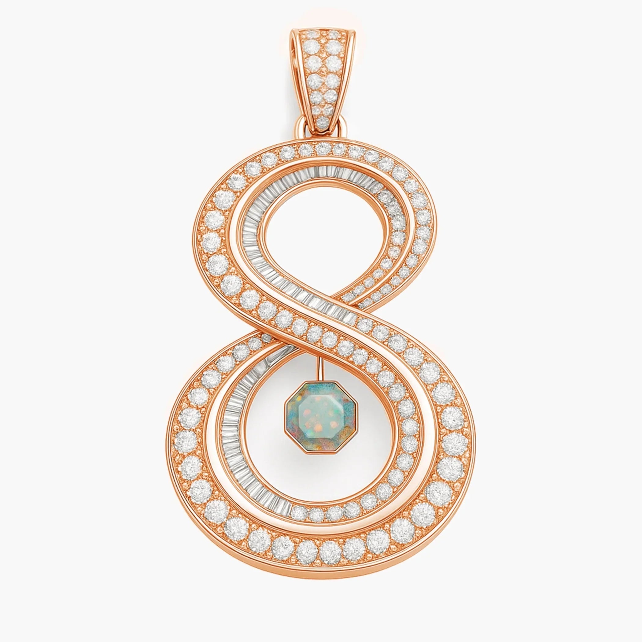 Close-up of RedButan luxury iced-out number 8 pendant in white gold, fully pavé-set with round diamonds and channel-set baguette inlays, featuring a bezel-set octagonal opal drop