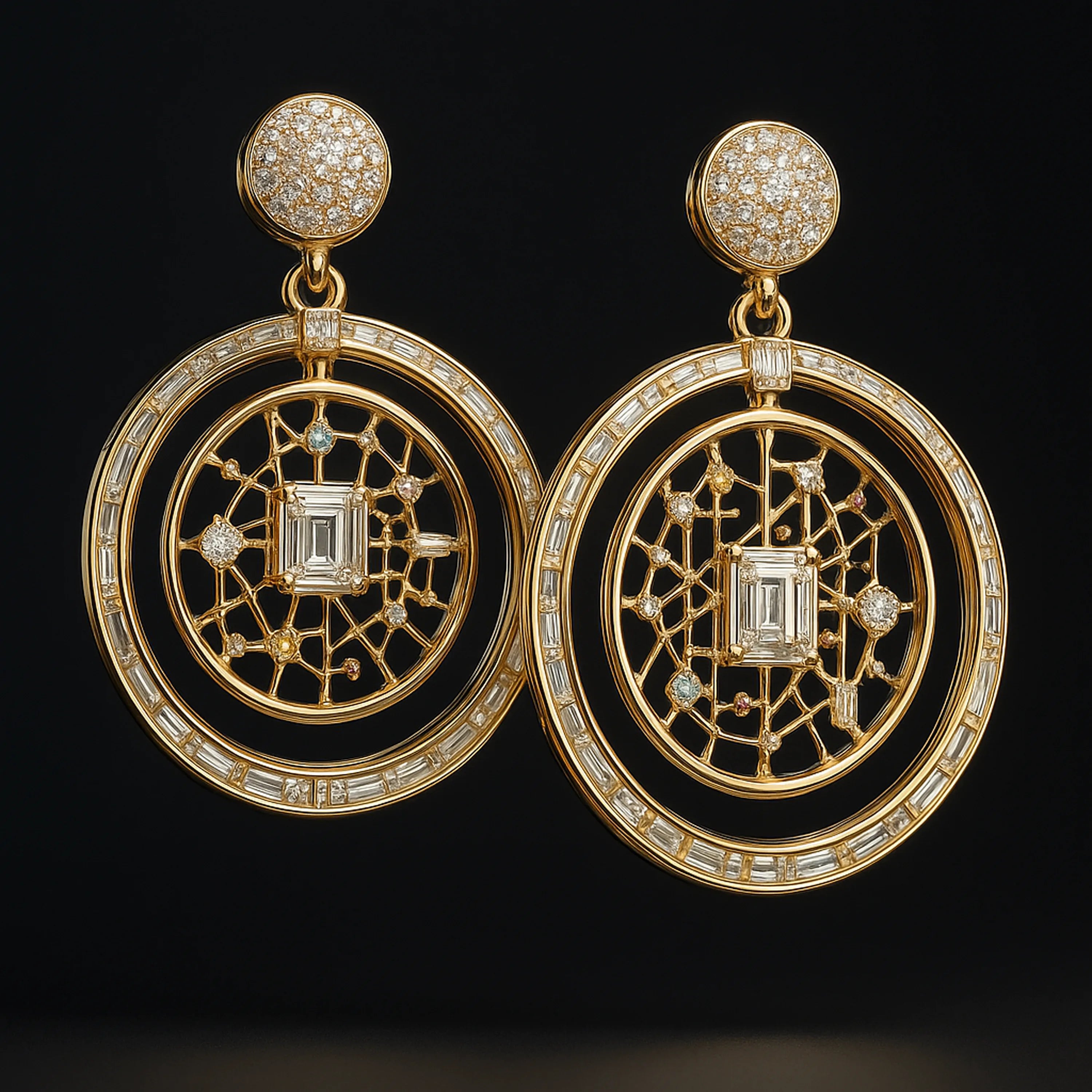 Constellation hoop earrings in yellow gold with baguette-diamond halos and emerald-cut centers.