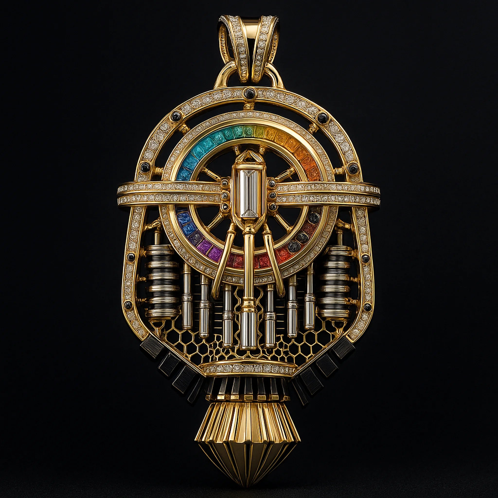 8K gold architectural engine pendant with concentric pavé halos, rainbow calibré arc, central step-cut diamond, honeycomb and black baguette accents on black background