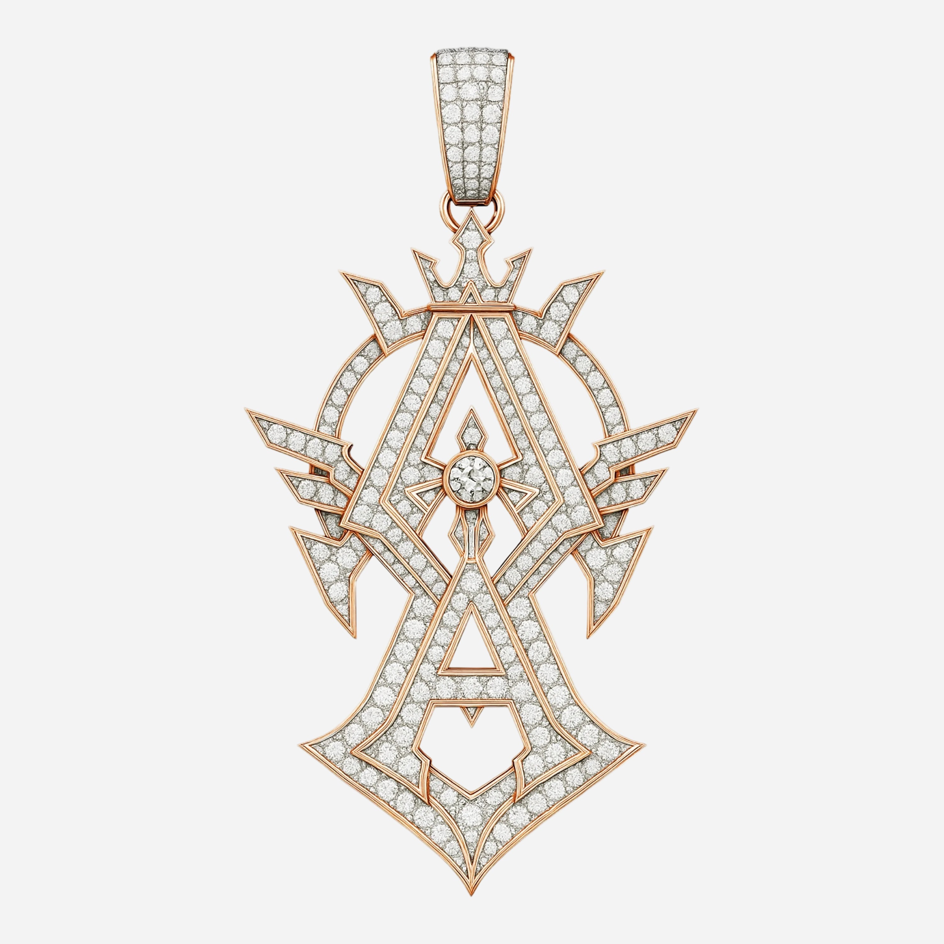 A-initial pendant in rose gold with pavé diamonds, winged motifs and central round diamond.
