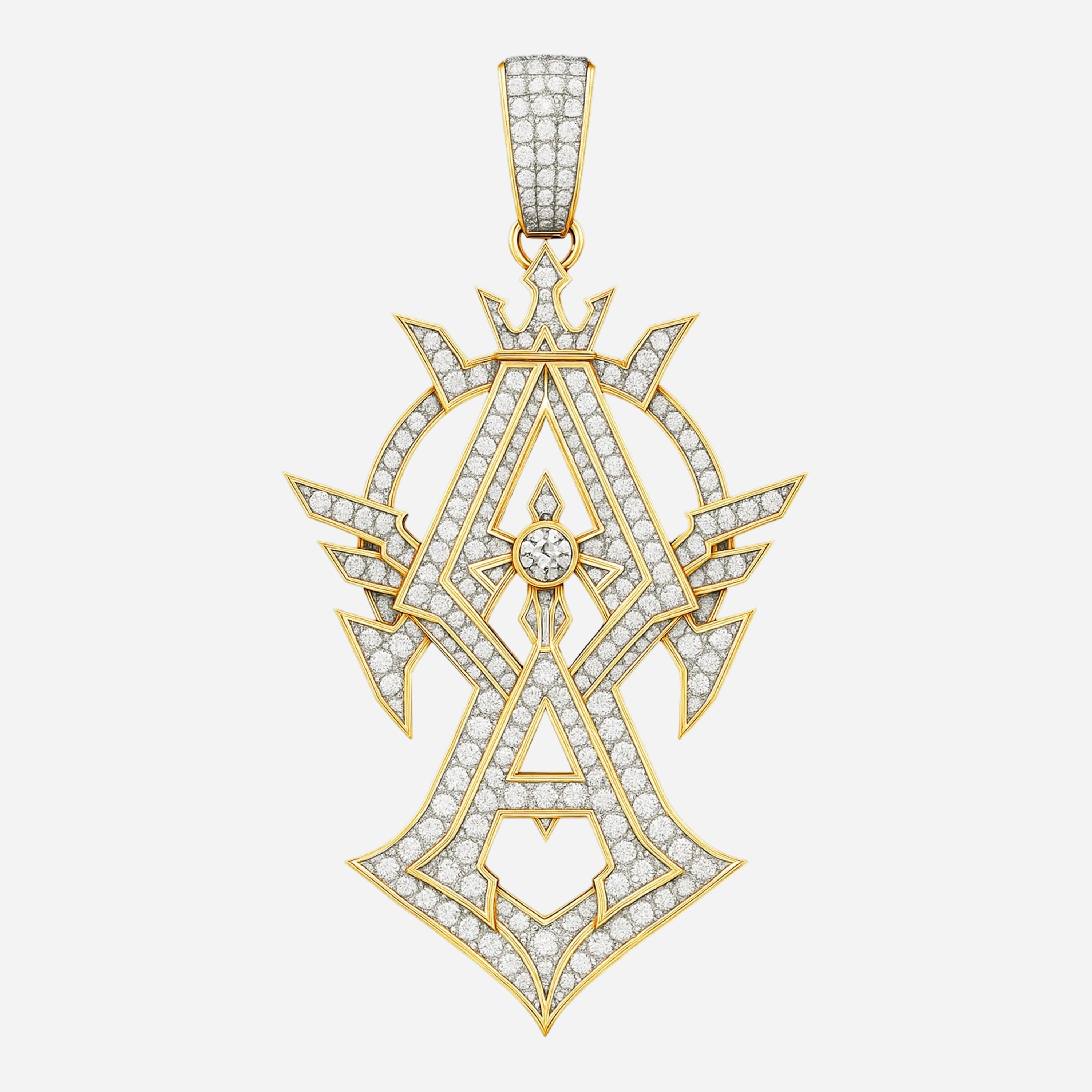 A-initial pendant in yellow gold with pavé diamonds, geometric halo and winged crest; round diamond center.