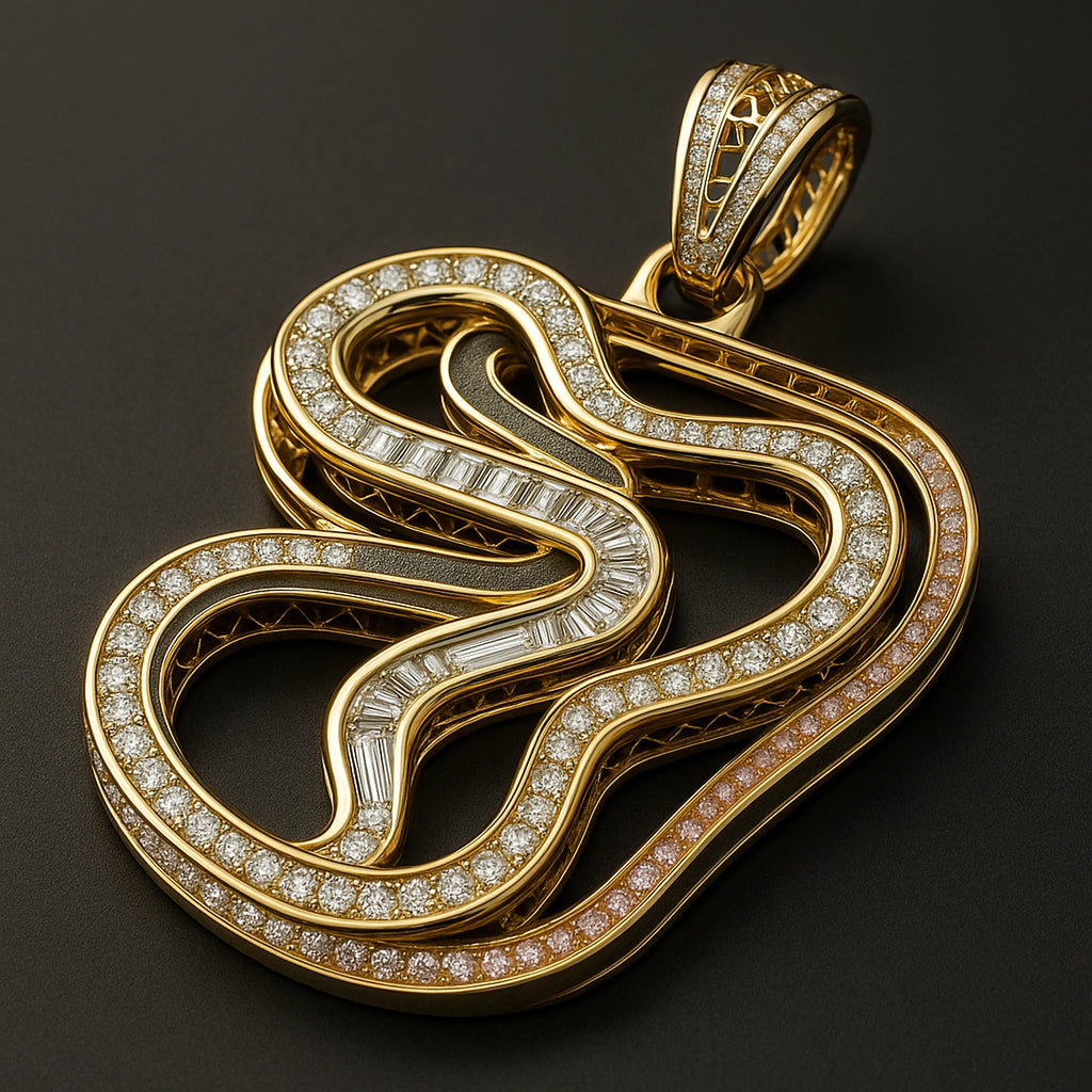 Close-up of RedButan luxury high-jewel pendant in yellow gold, designed with fluid intertwined curves pavé-set with round white and pink diamonds, accented by channel-set baguette diamonds for a sculptural, serpentine aesthetic.