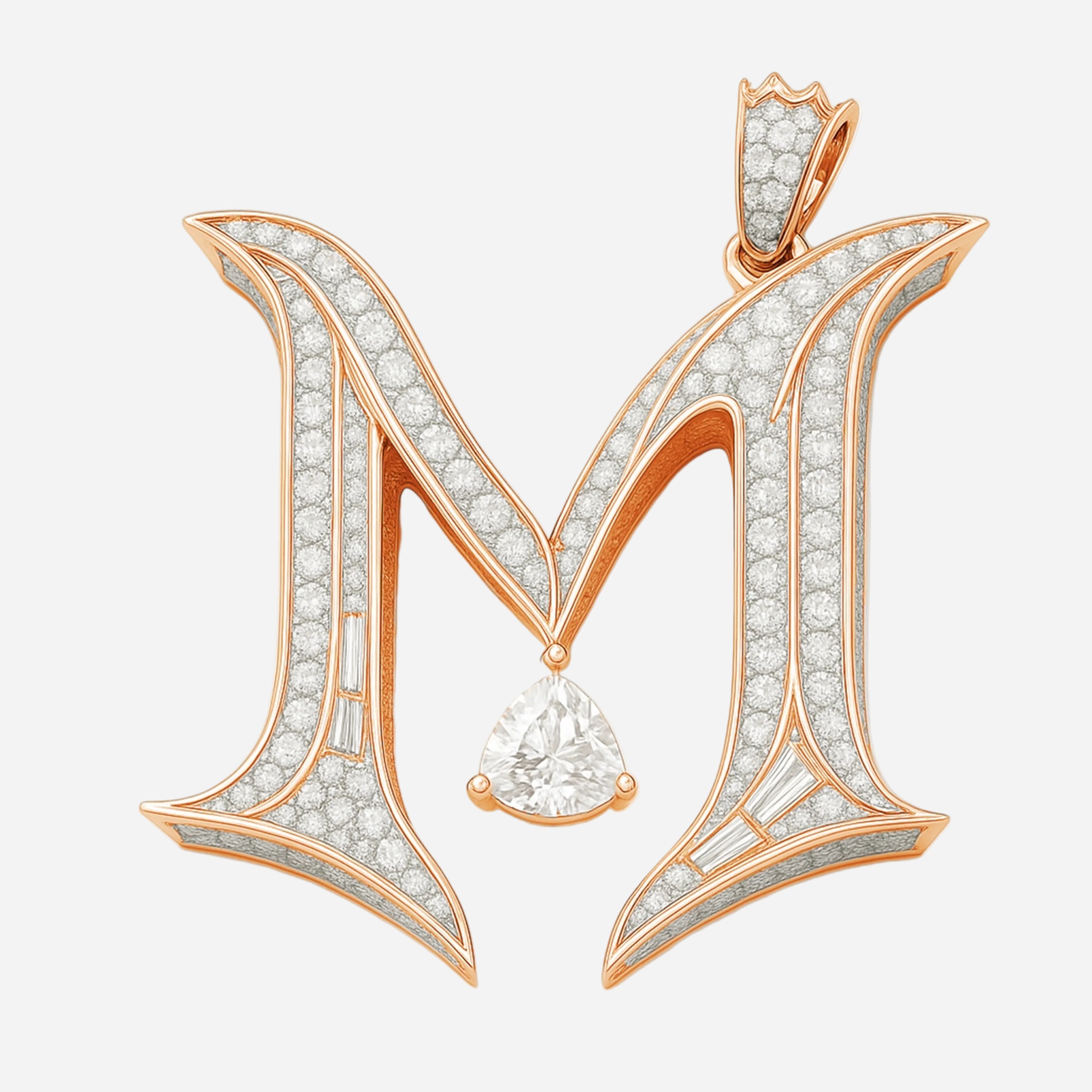 M-initial pendant in rose gold with pavé diamonds, baguette accents, and a suspended trilliant-cut diamond.