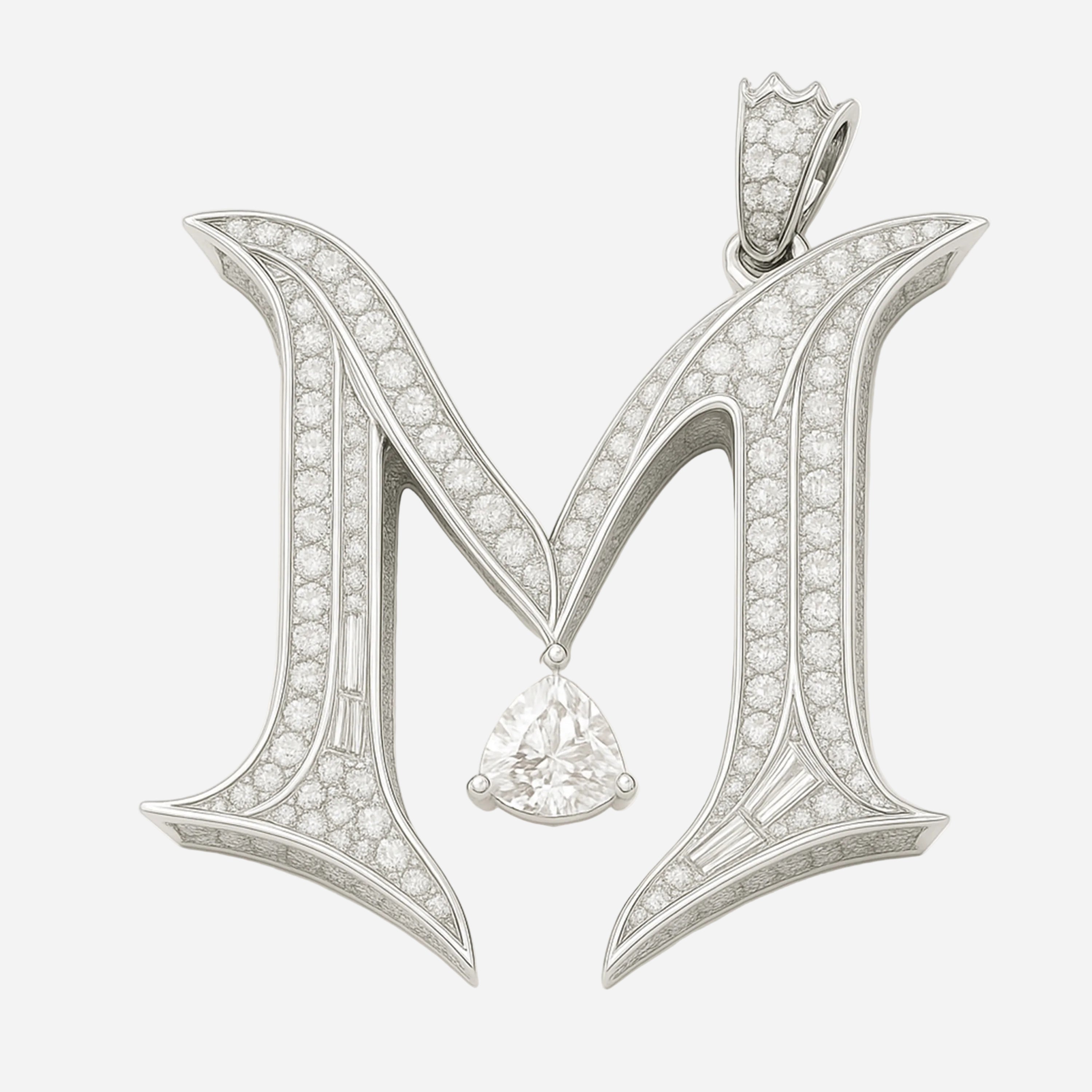 M-initial pendant in white gold with pavé diamonds, baguette channels, and a suspended trilliant diamond.