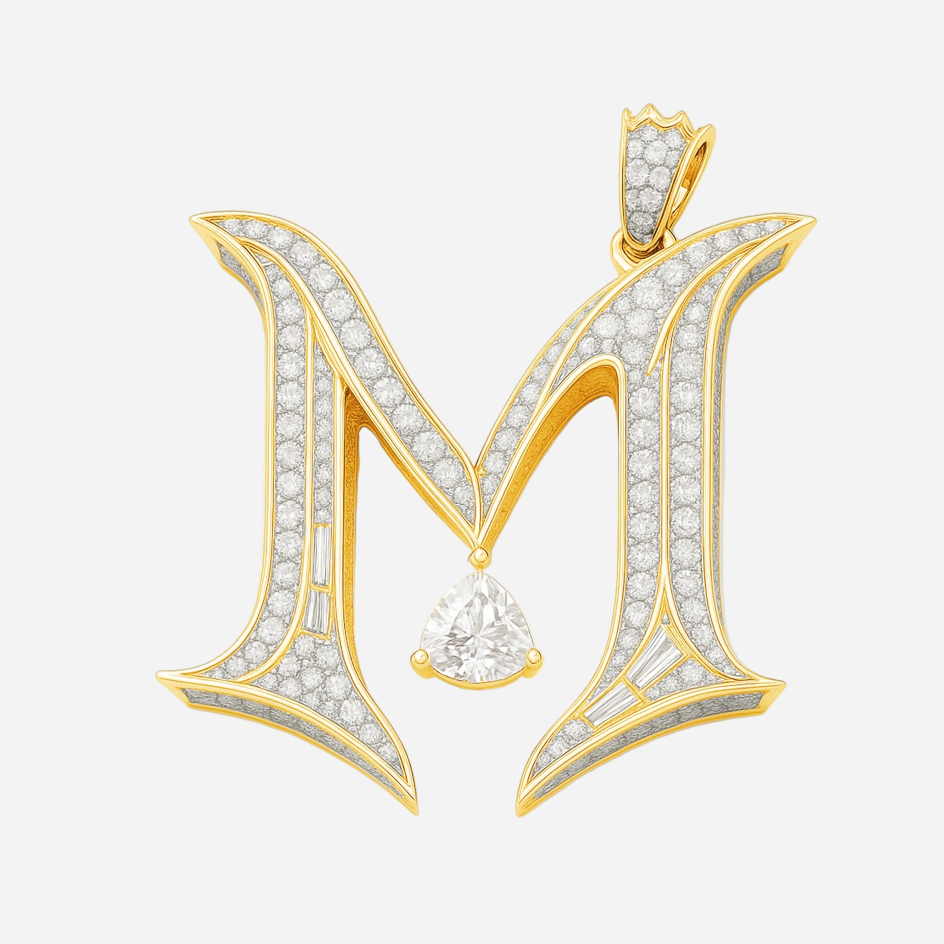 M-initial pendant in yellow gold with pavé diamonds, baguette details, and trilliant-cut diamond drop.