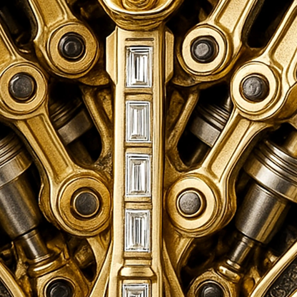 Macro of V12 engine-inspired pendant in 18K yellow gold with a vertical row of baguette-cut diamonds.
