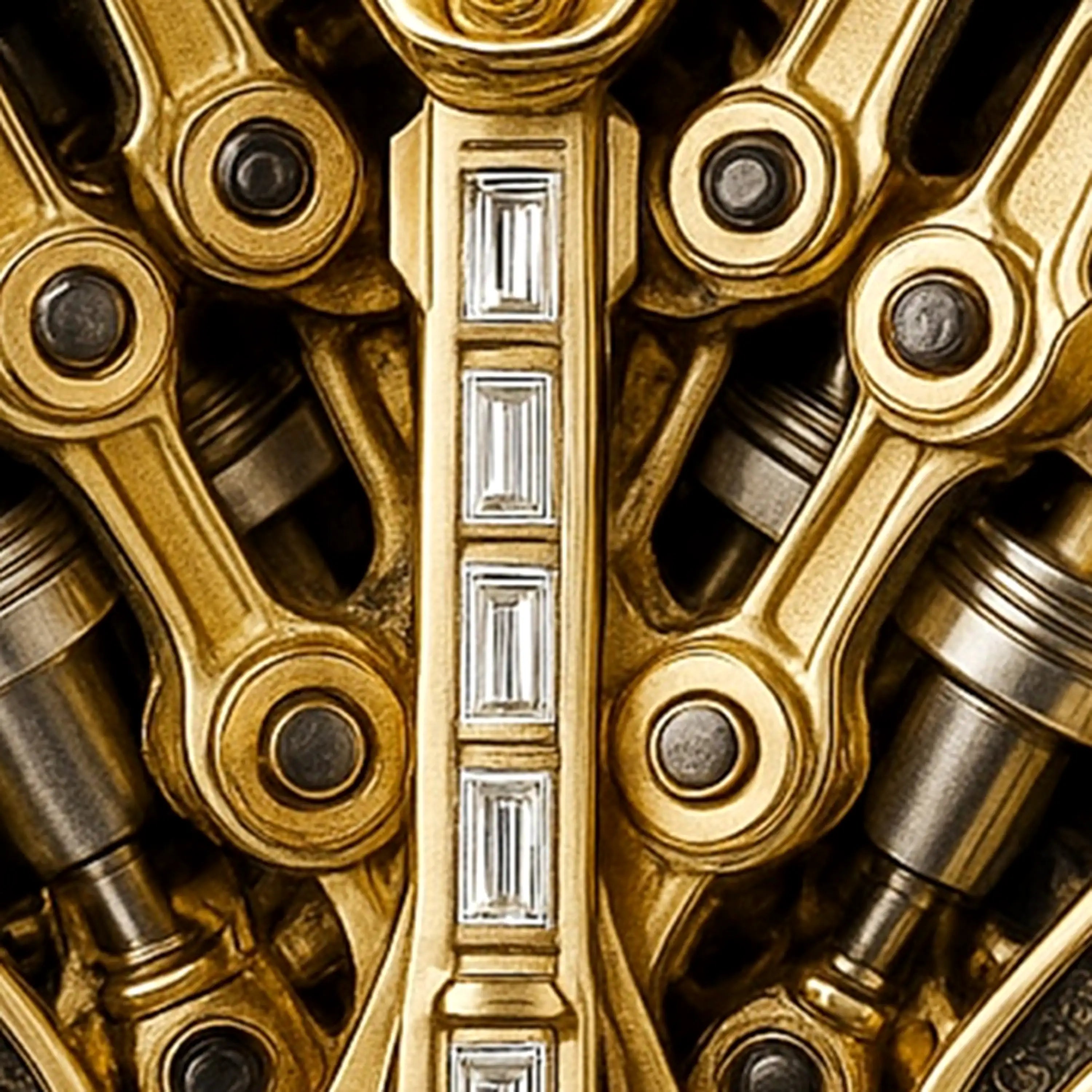 Macro of V12 engine-inspired pendant in 18K yellow gold with a vertical row of baguette-cut diamonds.