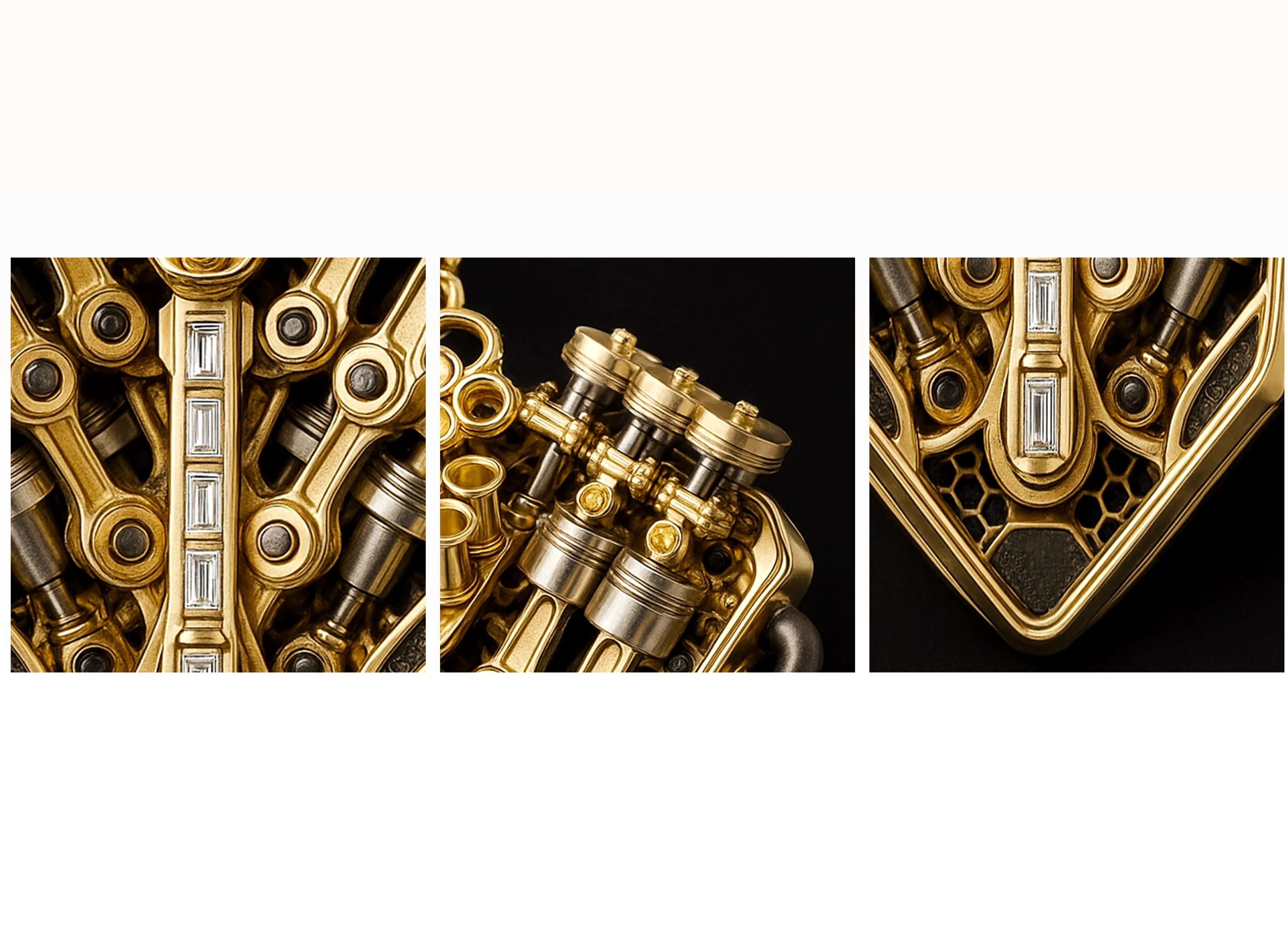 Triptych of V12 engine–inspired pendant macros in 18K yellow gold with channel-set baguette diamonds.