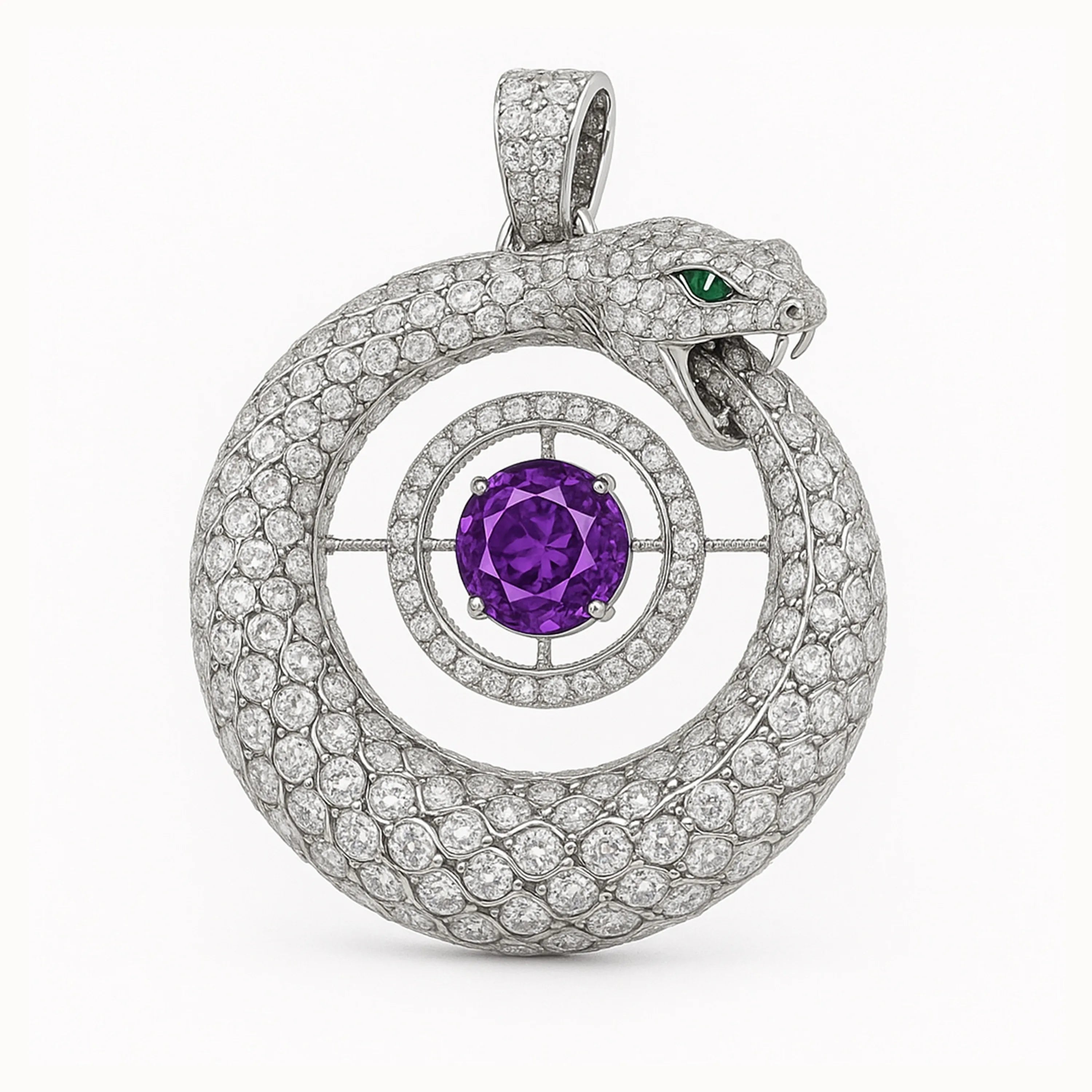Ouroboros serpent pendant in white gold with pavé-diamond scales and round amethyst center.