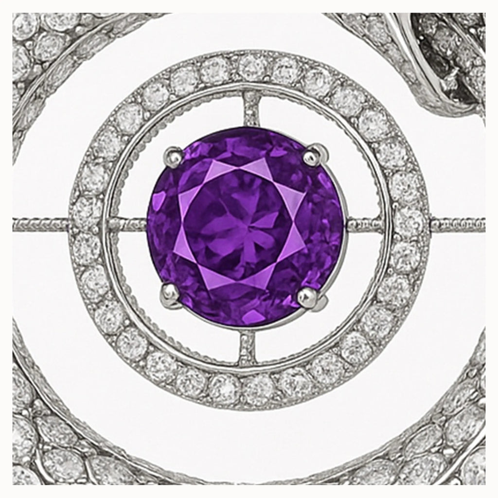 Close-up amethyst center stone within double diamond halo from a luxury Ouroboros snake pendant.