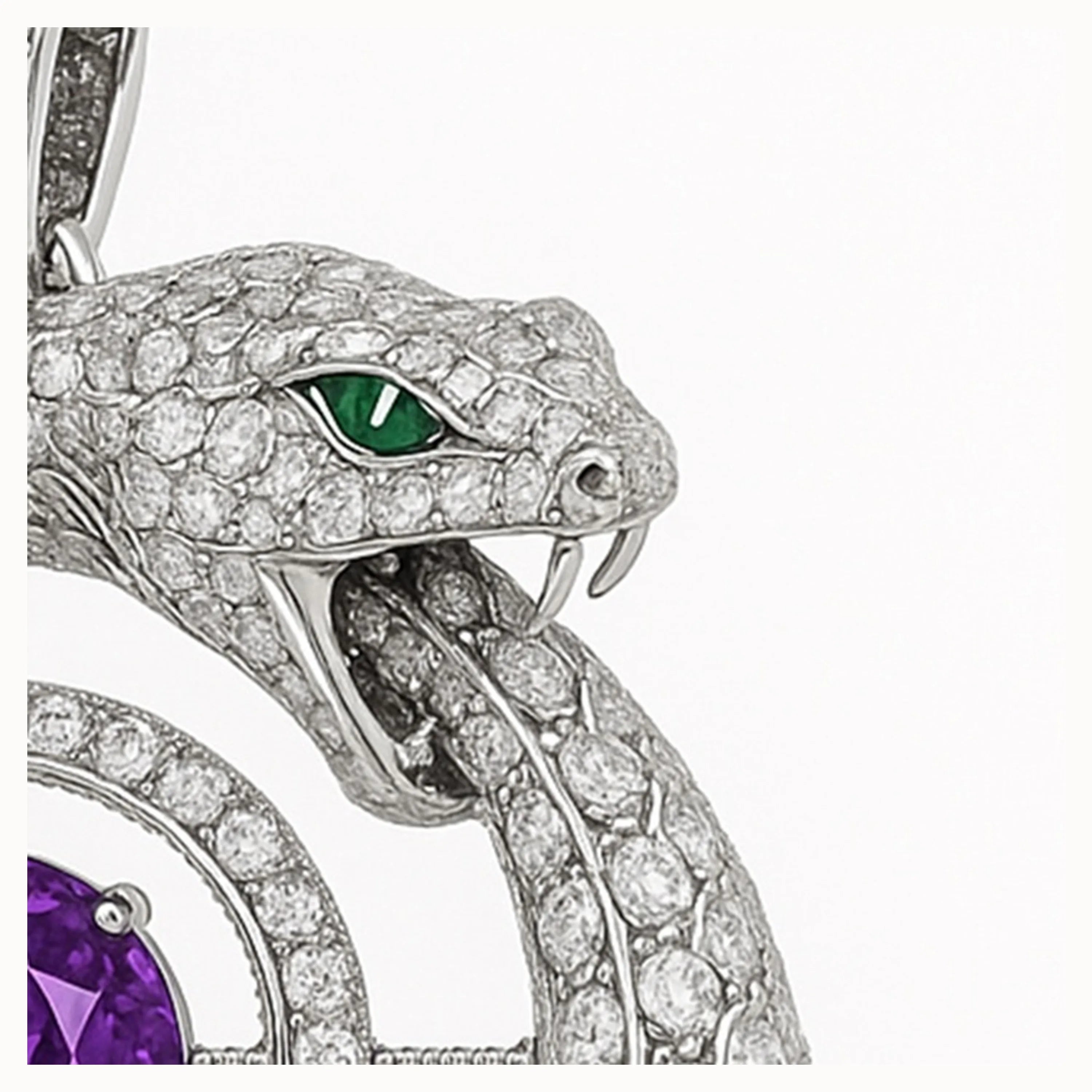 Macro of diamond-pavé ouroboros snake head biting its tail; emerald-green eye; white-gold pendant with amethyst accent.