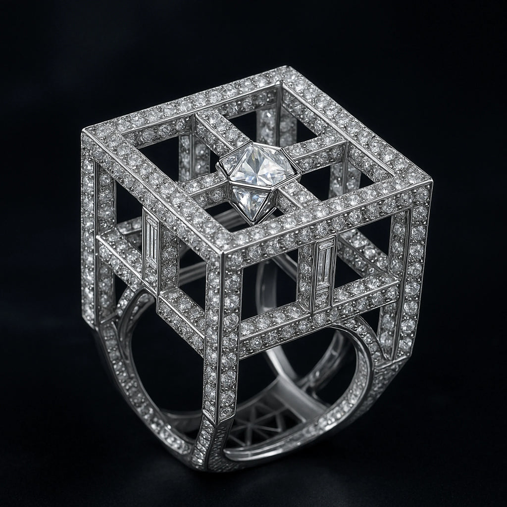 Architectural white-gold cube lattice ring with pavé diamond rails, baguette windows, and a floating kite-cut diamond apex on dark background