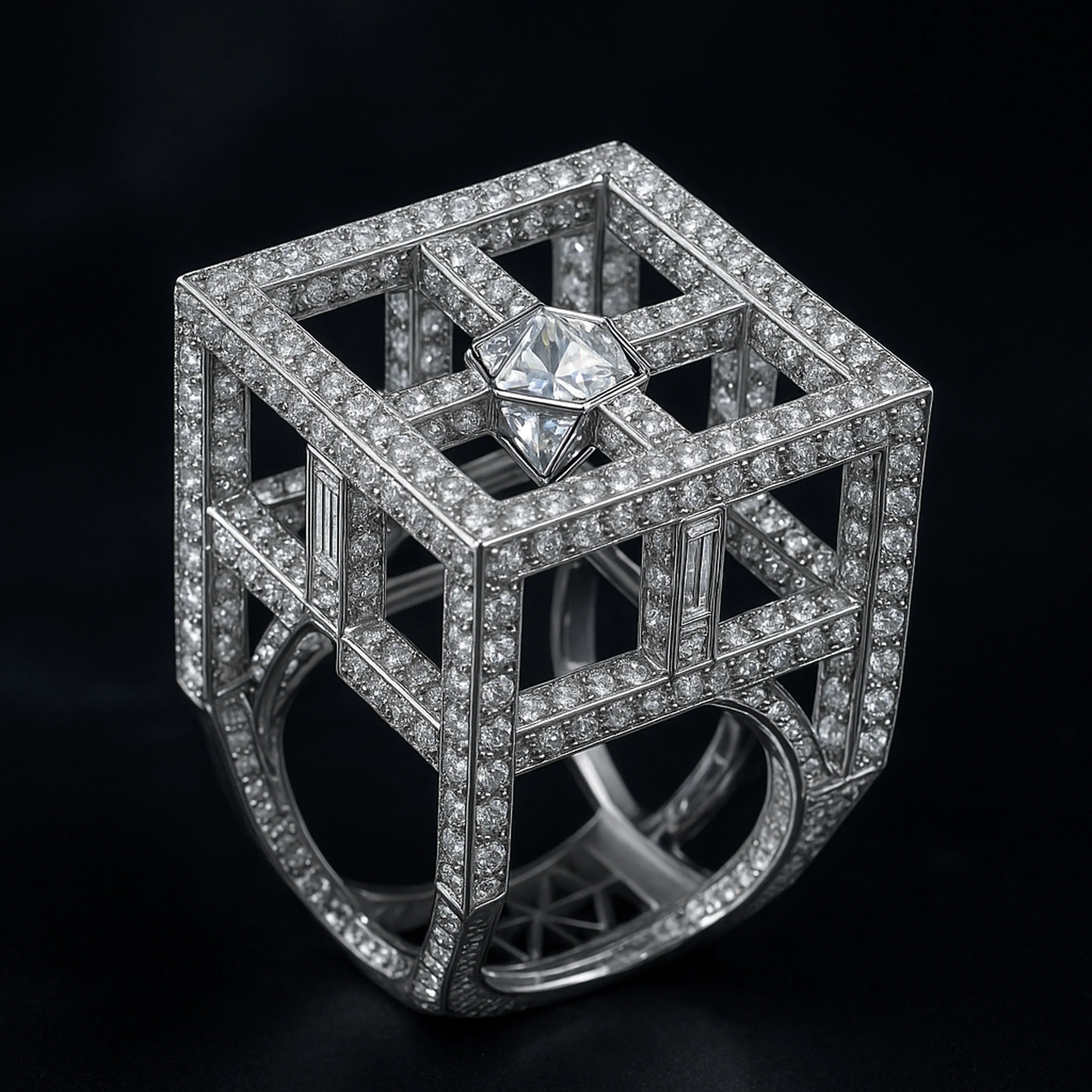 Architectural white-gold cube lattice ring with pavé diamond rails, baguette windows, and a floating kite-cut diamond apex on dark background