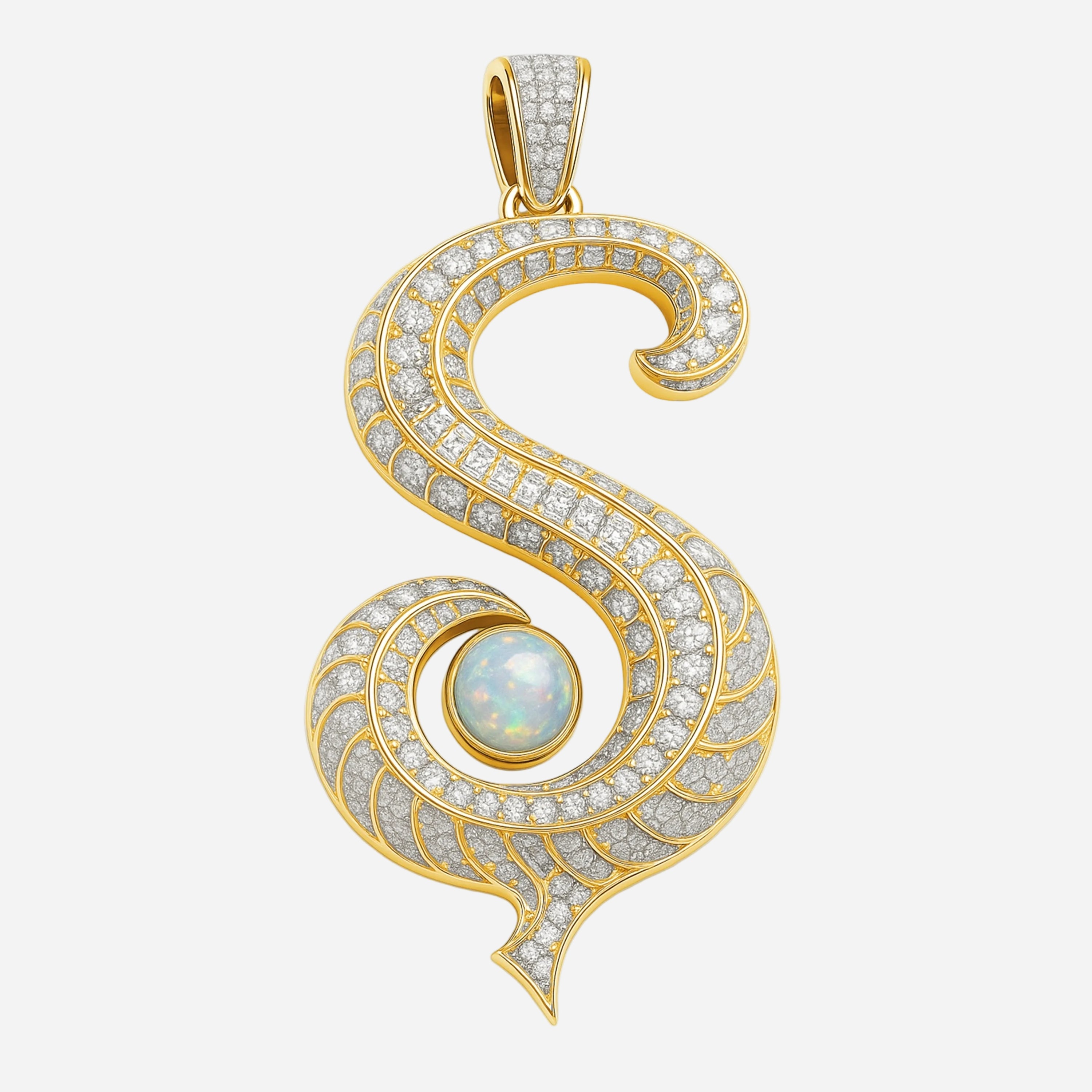 S-initial pendant in yellow gold with pavé diamonds and round opal cabochon.
