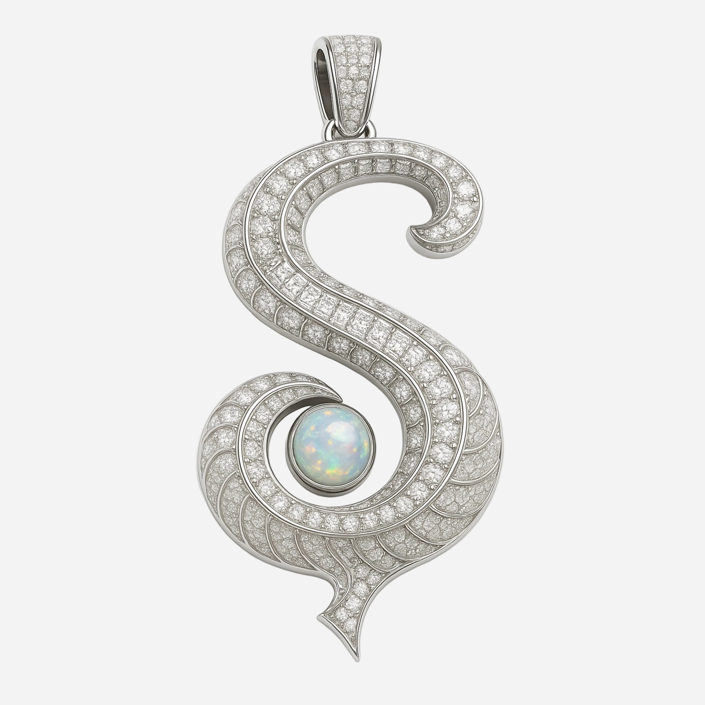 S-initial pendant in white gold with pavé diamonds and opal cabochon.