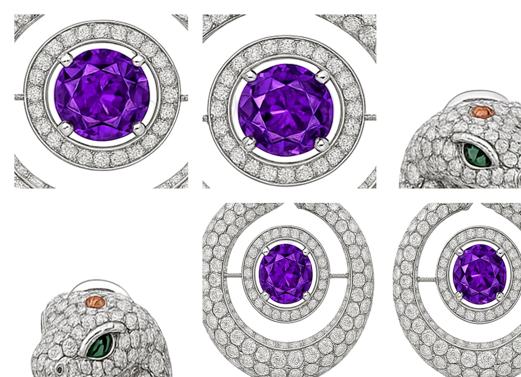 Redbutan high jewel, Six-frame macro grid—pavé scales, heads, halos.