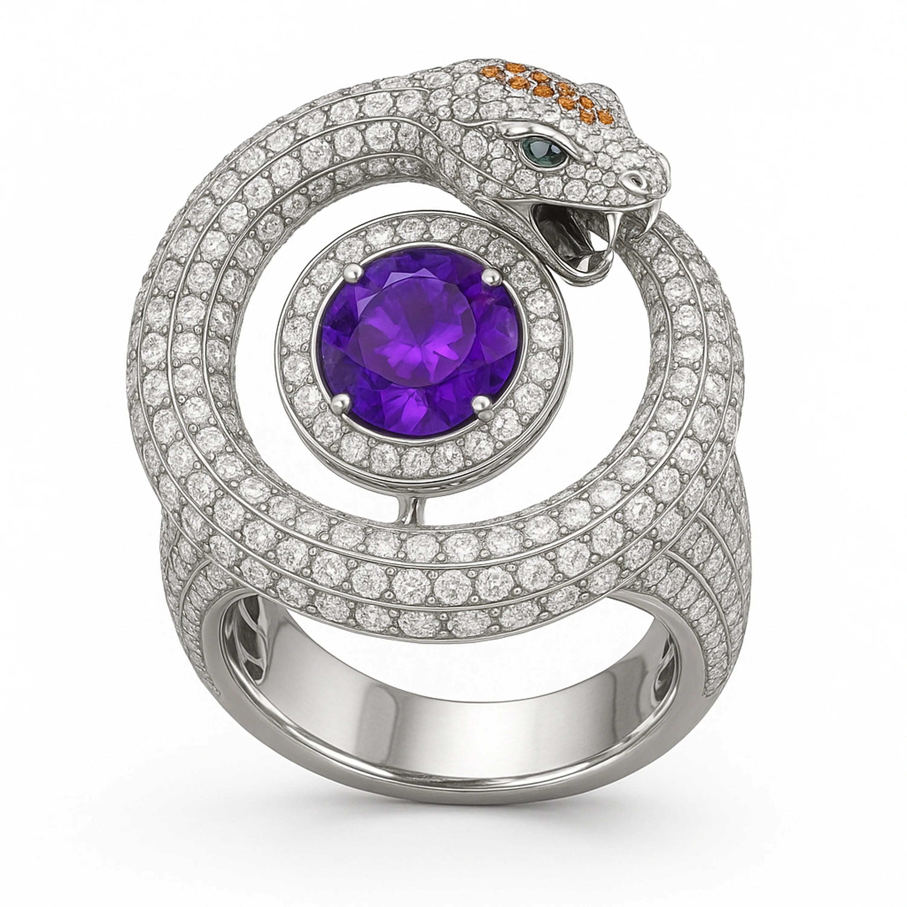 Serpent ring in white gold with pavé diamonds and round amethyst.