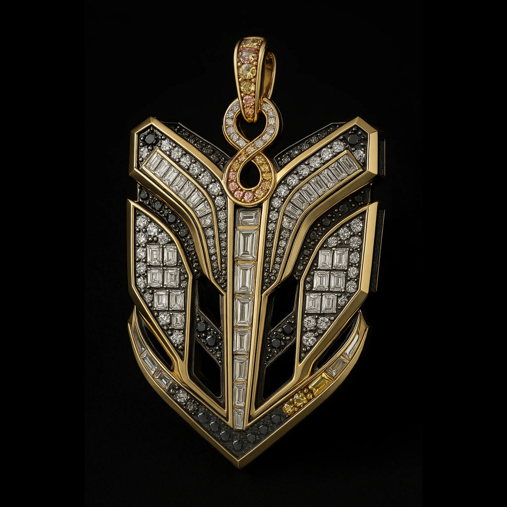 Close-up of RedButan luxury high-jewel pendant in yellow gold, pavé-set with white, black, and yellow diamonds, featuring baguette diamond columns and an infinity-shaped bail adorned with pink and yellow diamonds.