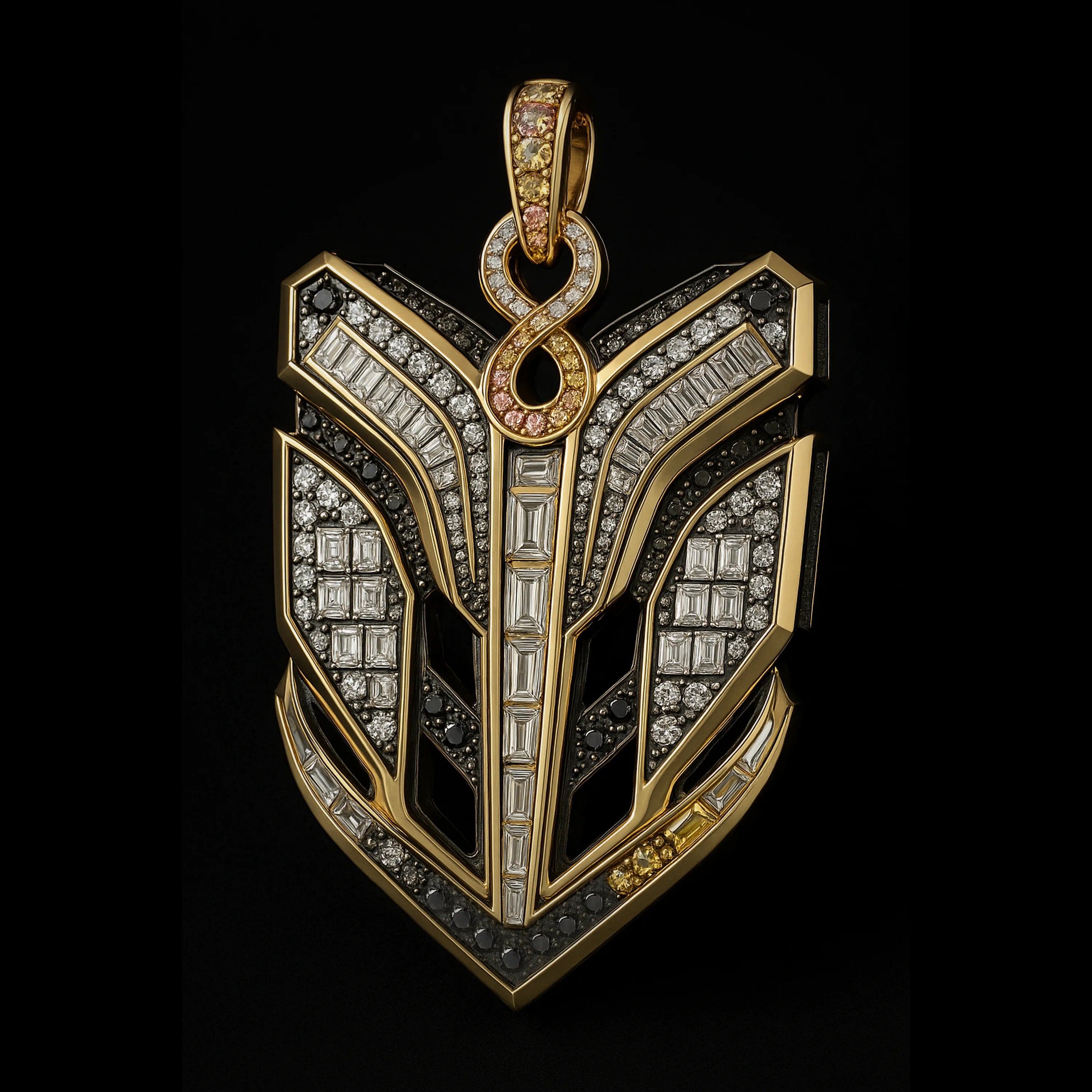 Close-up of RedButan luxury high-jewel pendant in yellow gold, pavé-set with white, black, and yellow diamonds, featuring baguette diamond columns and an infinity-shaped bail adorned with pink and yellow diamonds.