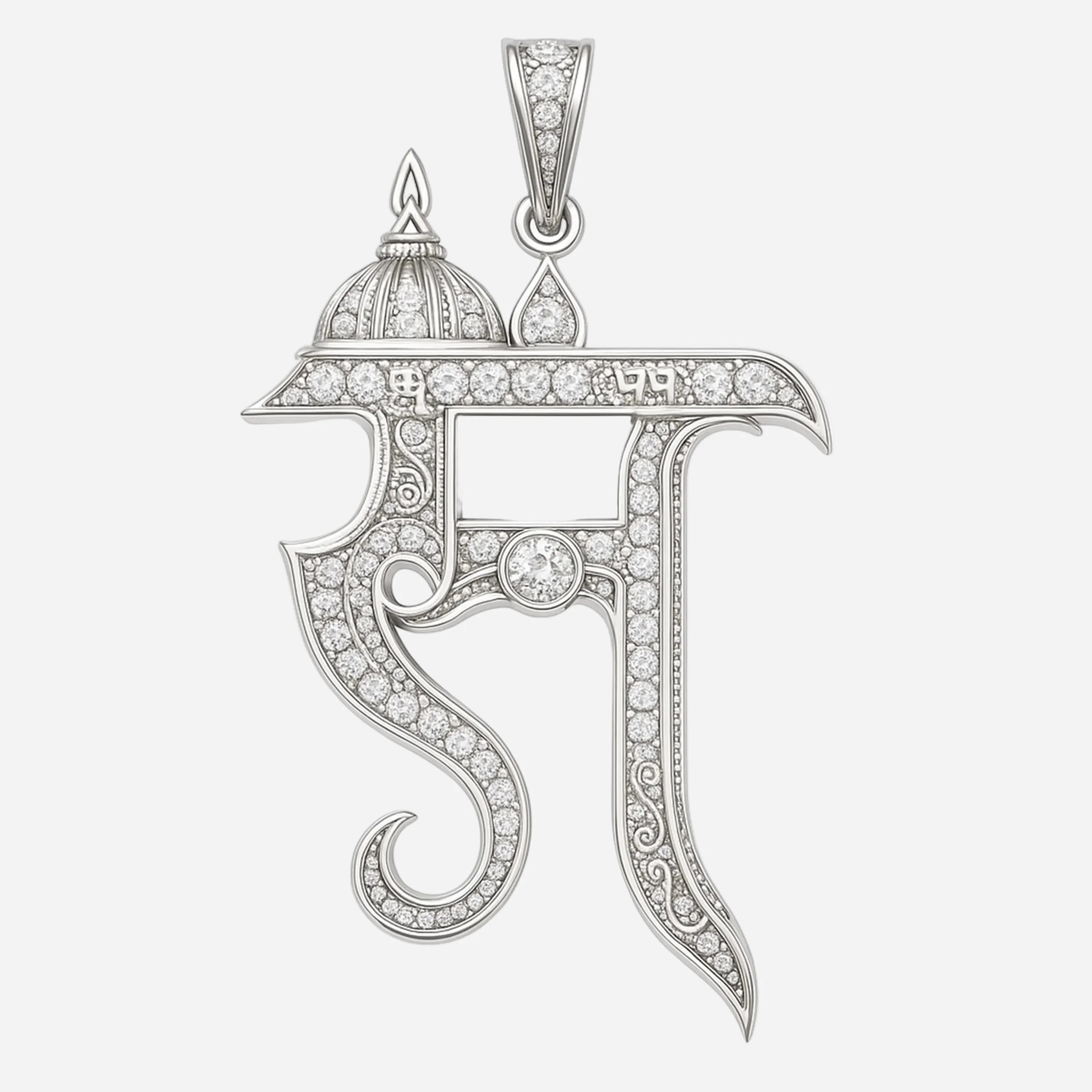 RedButan Devanagari “सा” pendant with pavé-set diamonds, round center diamond bezel, and ornate white-metal detailing, studio white