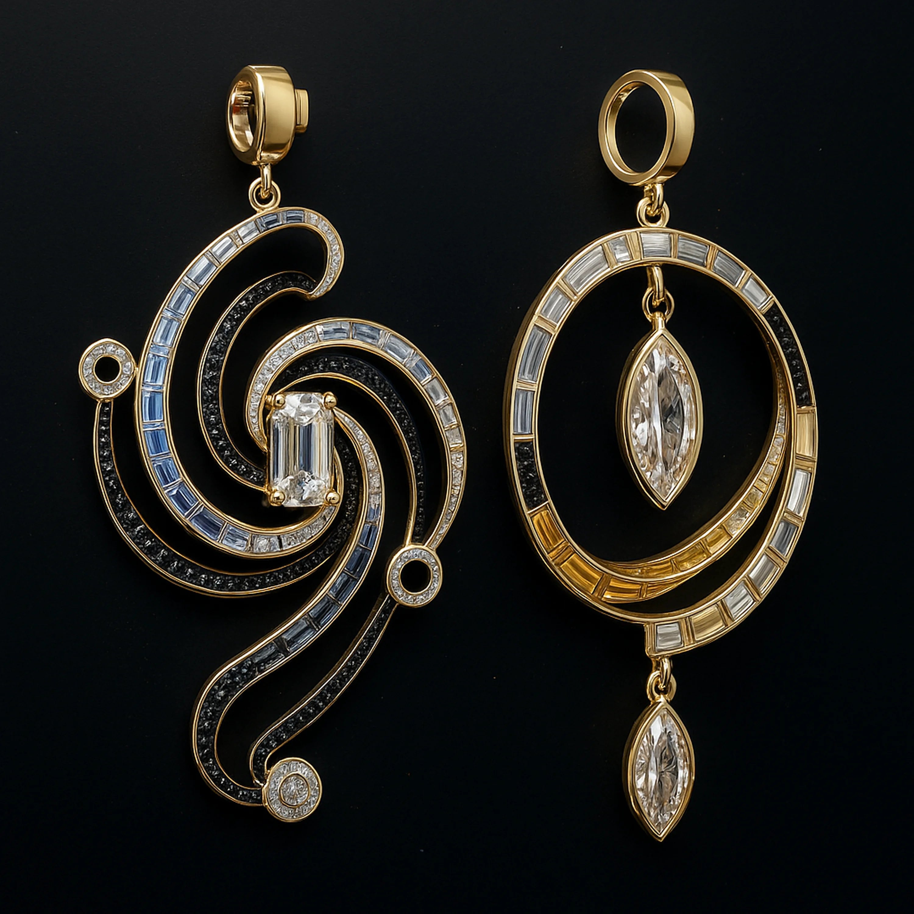 Mismatched gold orbit earrings with baguette sapphires, black diamonds, and emerald-cut diamond.