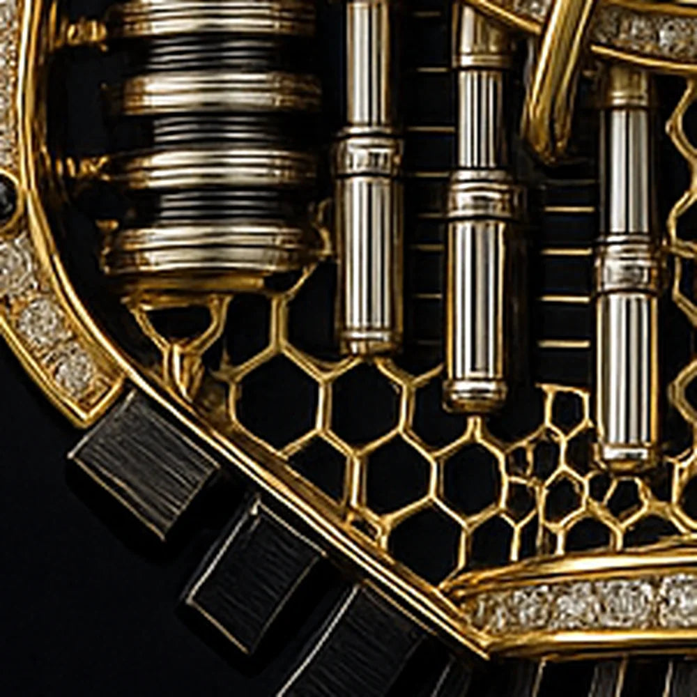 Close-up of Redbutan high-jewelry pendant featuring gold honeycomb openwork, metallic piston-like components, and pavé diamonds