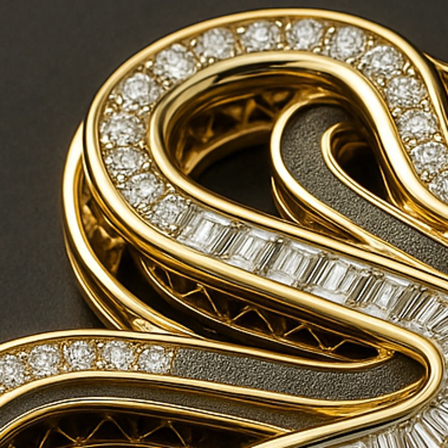 Macro close-up of RedButan high-jewel pendant in yellow gold, showing precision pavé-set round diamonds and channel-set baguette diamonds along interwoven curves with intricate lattice craftsmanship.”