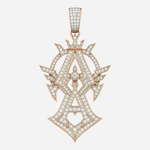 Redbutan High-jewelry A pendant with pavé diamonds in rose gold, layered openwork silhouette, and round center diamond on white