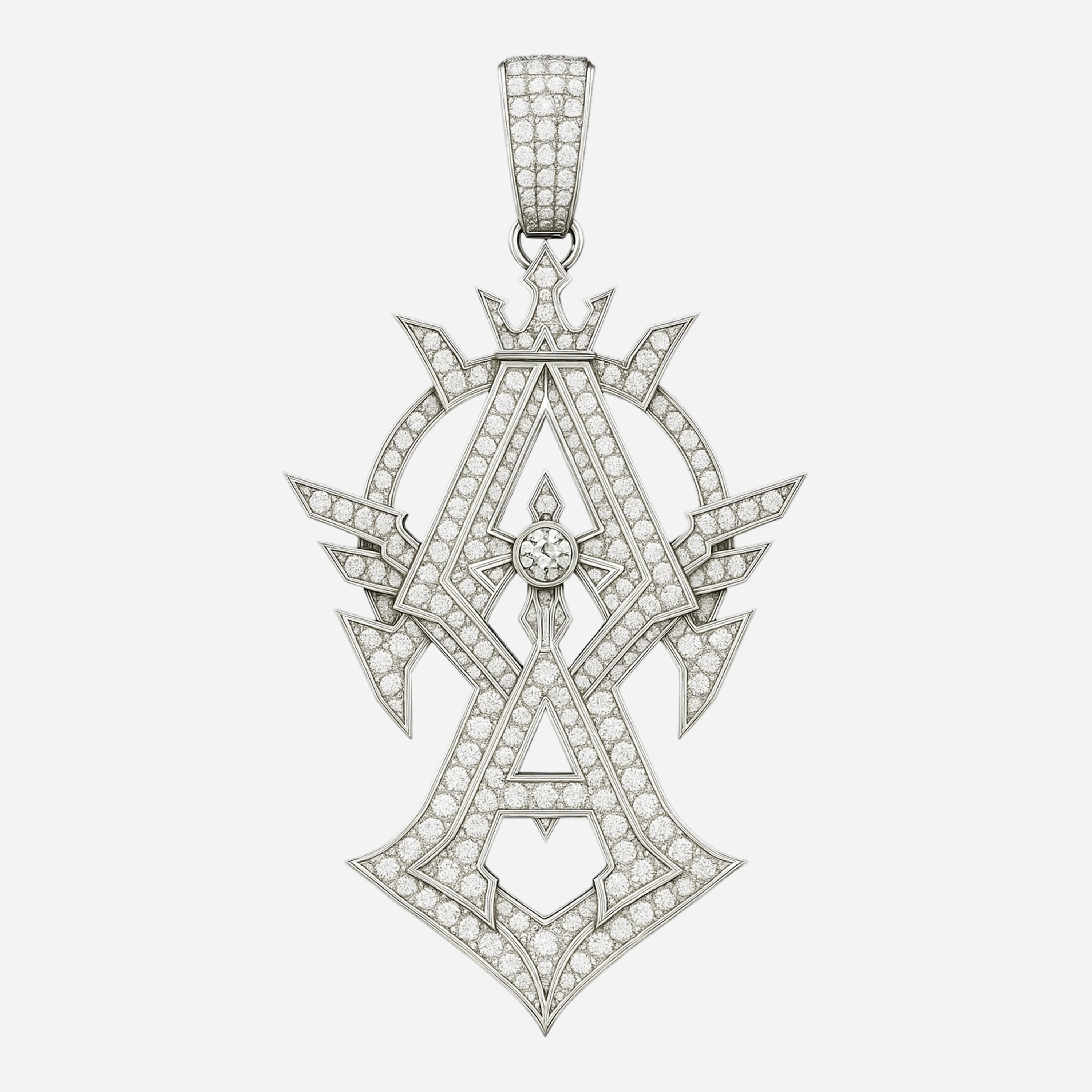 Redbutan high jewel A-initial pendant in white gold with pavé diamonds, geometric halo, winged crest and round diamond center.
