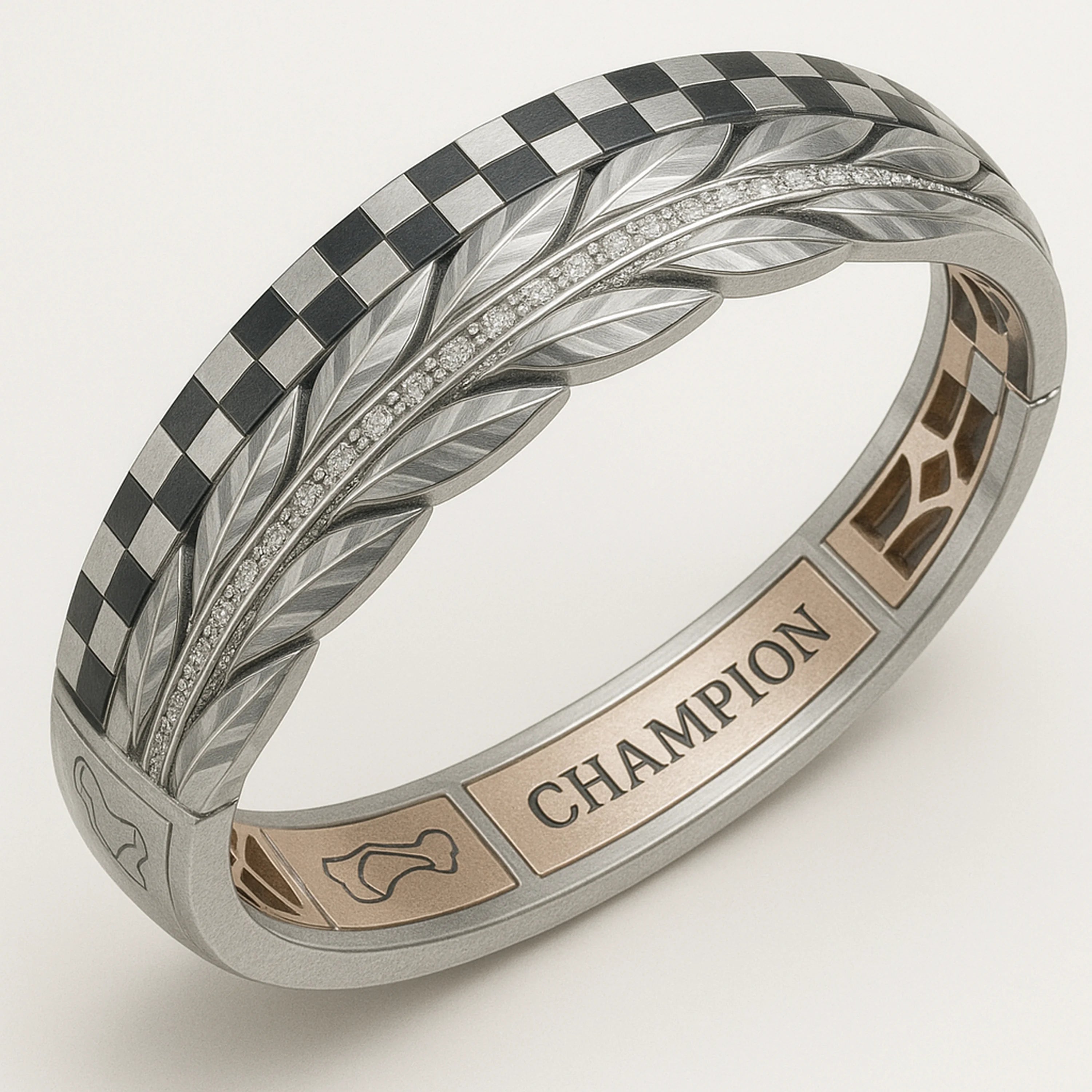 Redbutan Champion high jewel bangle in brushed white metal, racing-inspired checkerboard pattern and laurel wreath with diamond pavé