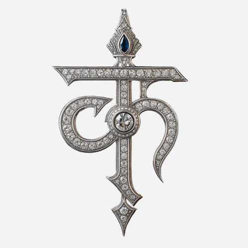 Redbutan high-jewelry initial pendant, pavé-set white gold with round center diamond and blue teardrop gemstone detail, crisp studio hero on white.