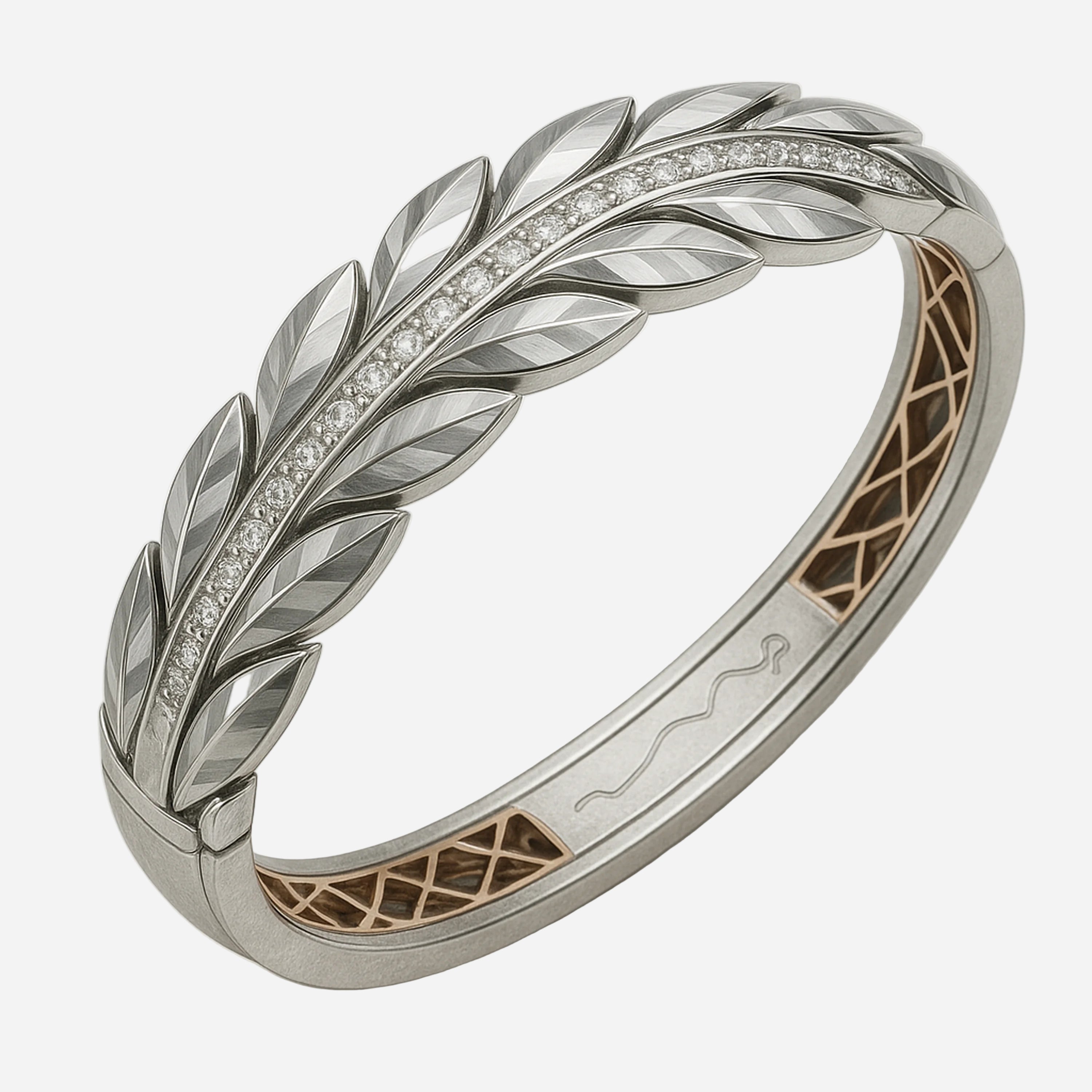 RedButan laurel wreath bangle in brushed white metal with diamond pavé channel and warm-toned lattice inner detail
