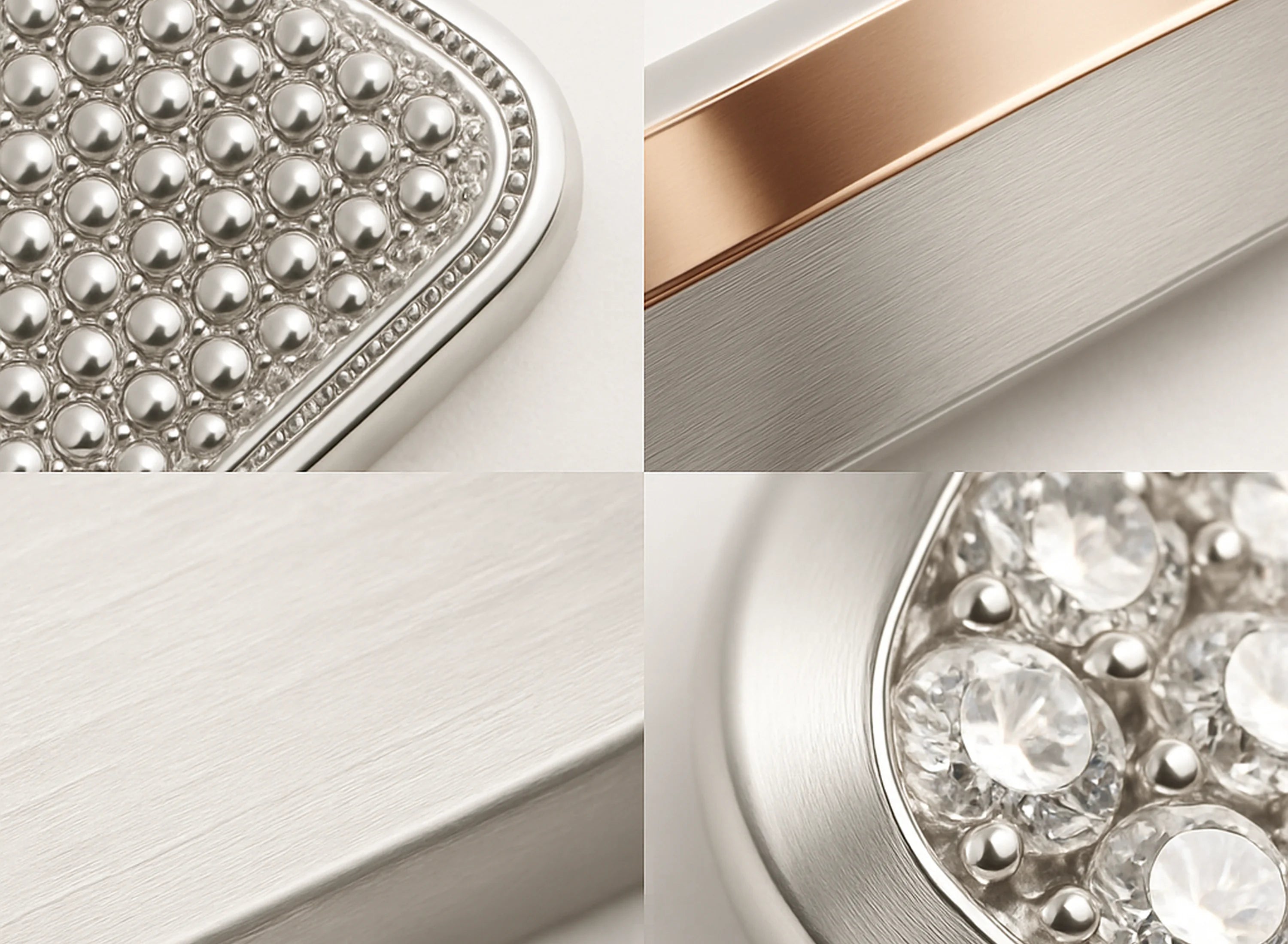  Redbutan materials macro collage showing brushed precious-metal surfaces with a 22k gold accent band, edge-to-edge micro-bead pavé texture, and close-up natural D–E–F diamonds seated in precision settings—craftsmanship detail image on clean neutral background.