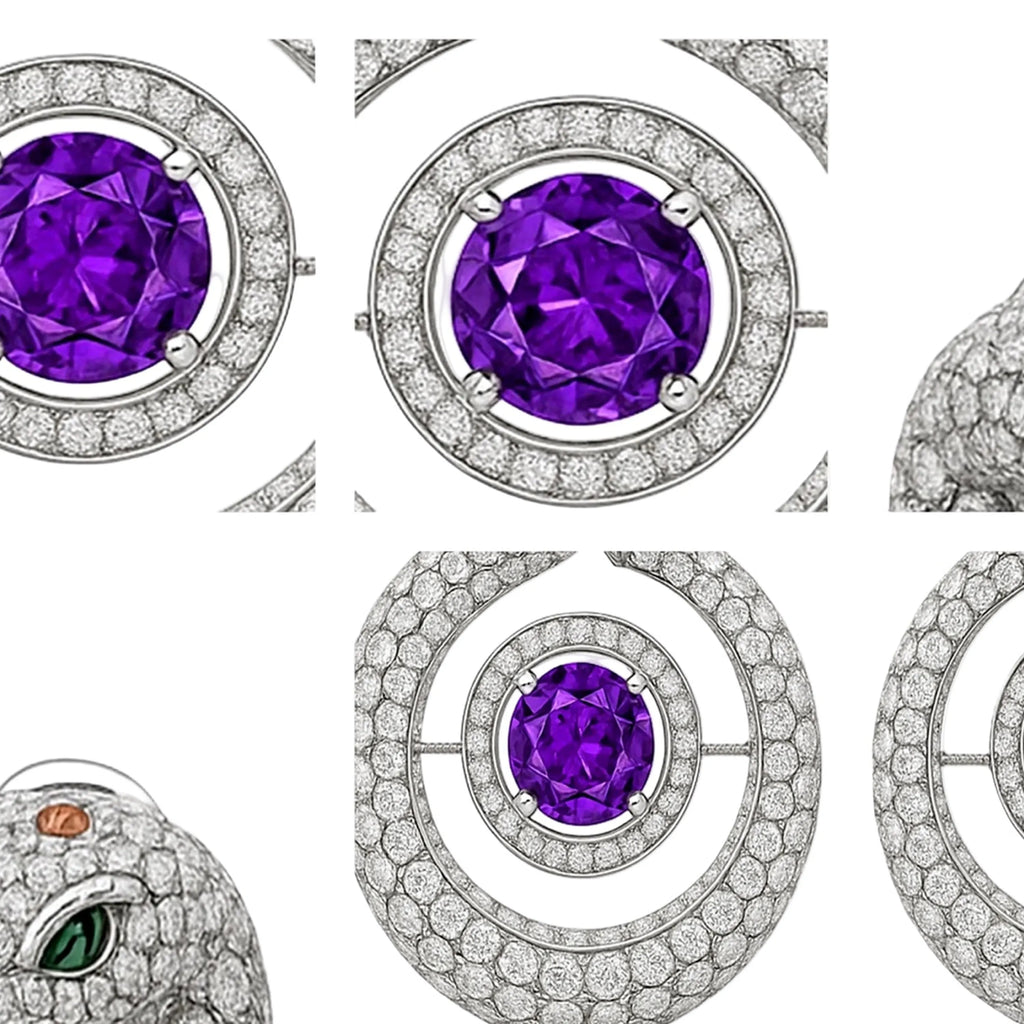 Redbutan serpent earrings macro detail grid showing pavé-set white diamonds, emerald eye snake-head motif, and vivid purple round gemstone centers framed by diamond halo bezels, high-jewelry craftsmanship close-ups on clean white background.