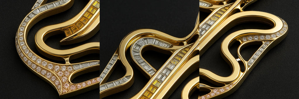 RedButan pendant macro triptych: gold curves with baguette-cut diamond inlays and pavé diamond edges, studio black