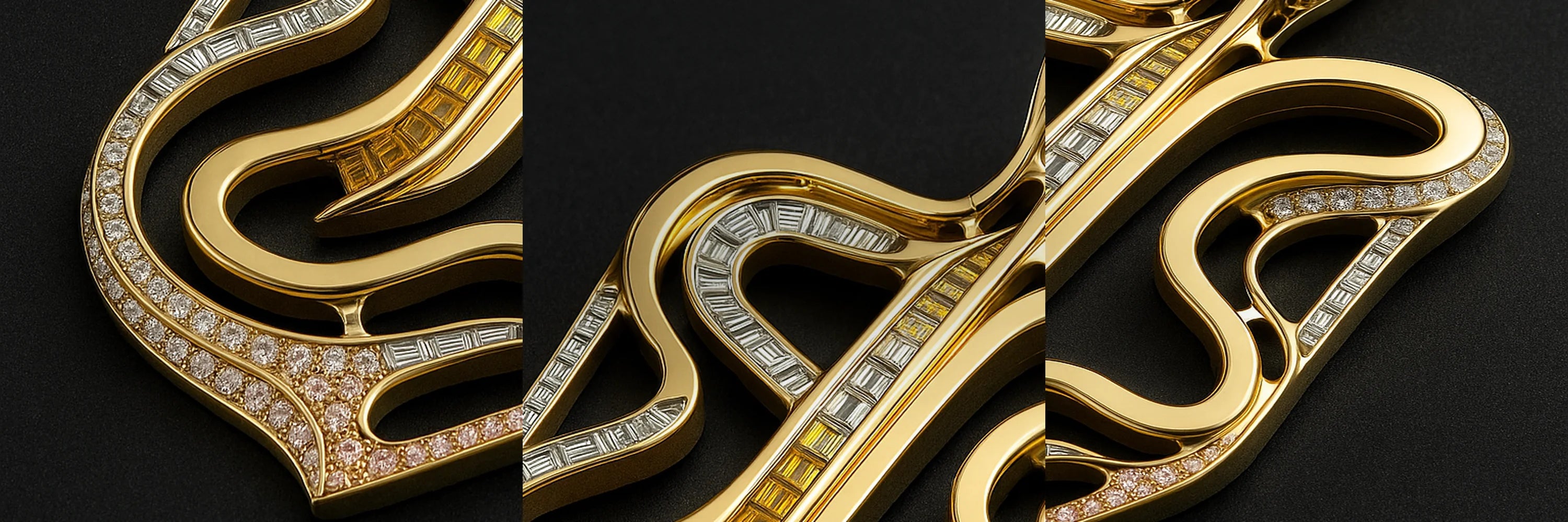 RedButan pendant macro triptych: gold curves with baguette-cut diamond inlays and pavé diamond edges, studio black