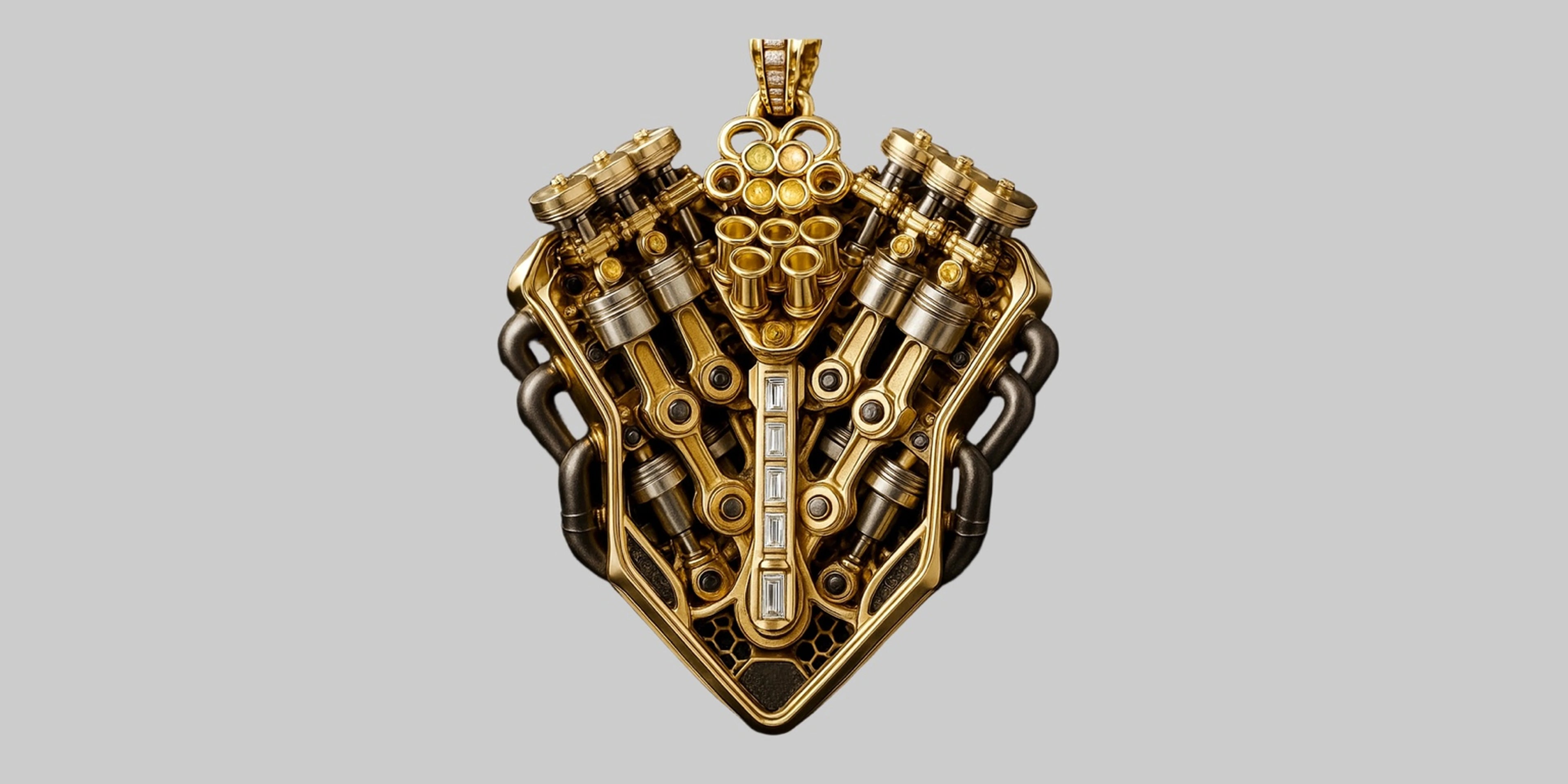 RedButan V12 Machina high-jewelry engine pendant in 18k gold, sculptural V-engine architecture with piston and manifold details, vertical baguette diamond spine and diamond-set bail, museum-grade hero product image on soft light-grey background.