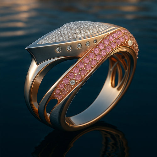 Two-tone yacht-inspired Redbutan original design Aeroyacht Hydroline High Jewel Ring with pavé diamond prow, flush-set side diamonds, and pink gemstone ribbon against water background