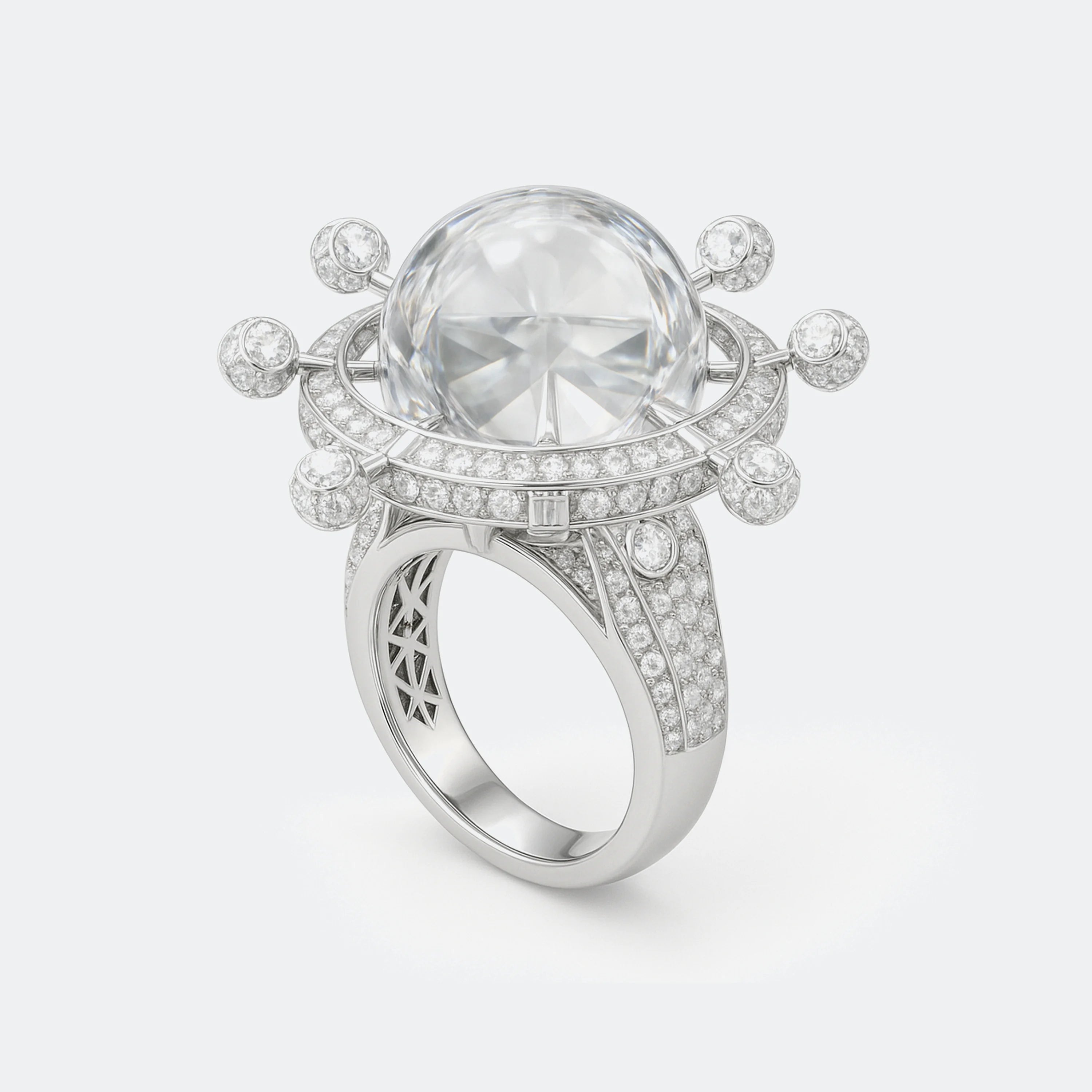 Astral Orbiter Sovereign Ring with luminous spherical crown and pavé orbital satellites in white gold and natural diamonds.
