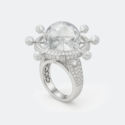 Astral Orbiter Sovereign Ring with luminous spherical crown and pavé orbital satellites in white gold and natural diamonds.