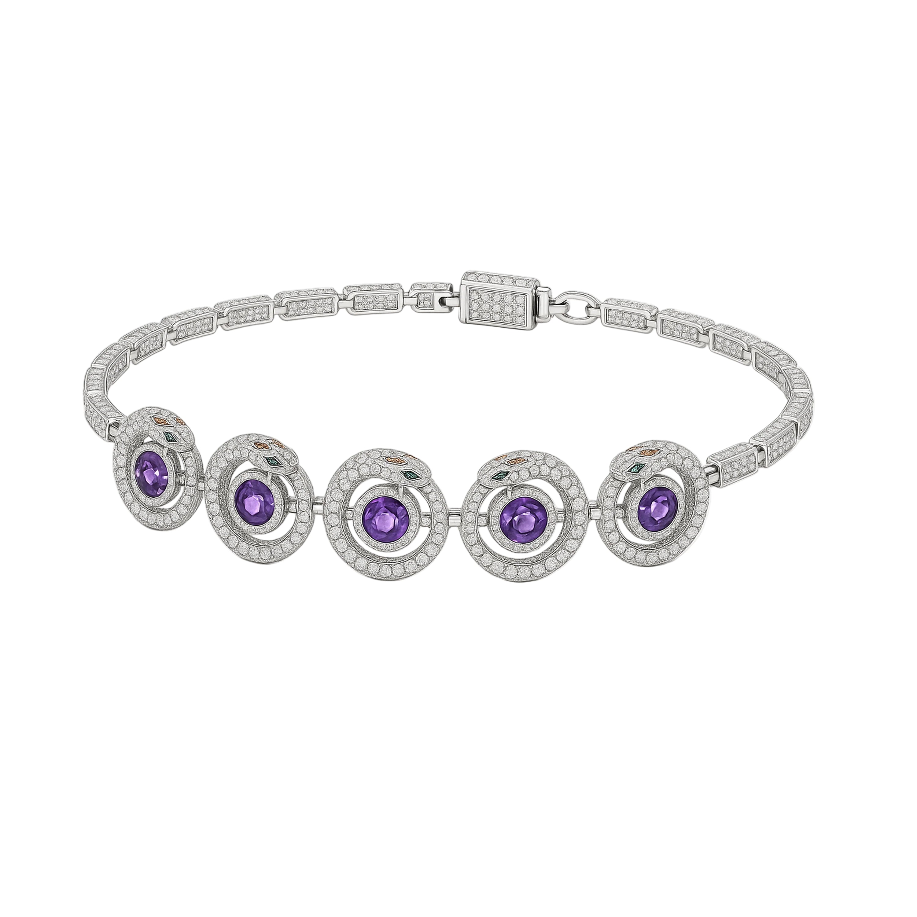 White-gold link bracelet with repeating pavé-diamond serpents and round amethysts.