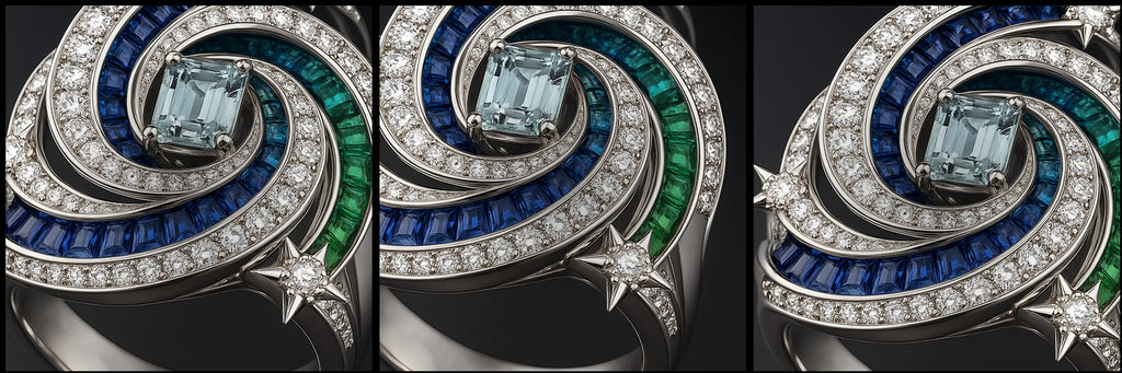 Close-up macro triptych of RedButan luxury high-jewel ring in white gold, featuring a central emerald-cut aquamarine surrounded by pavé diamonds, blue sapphires, and green emerald baguette inlays with star-shaped diamond accents.