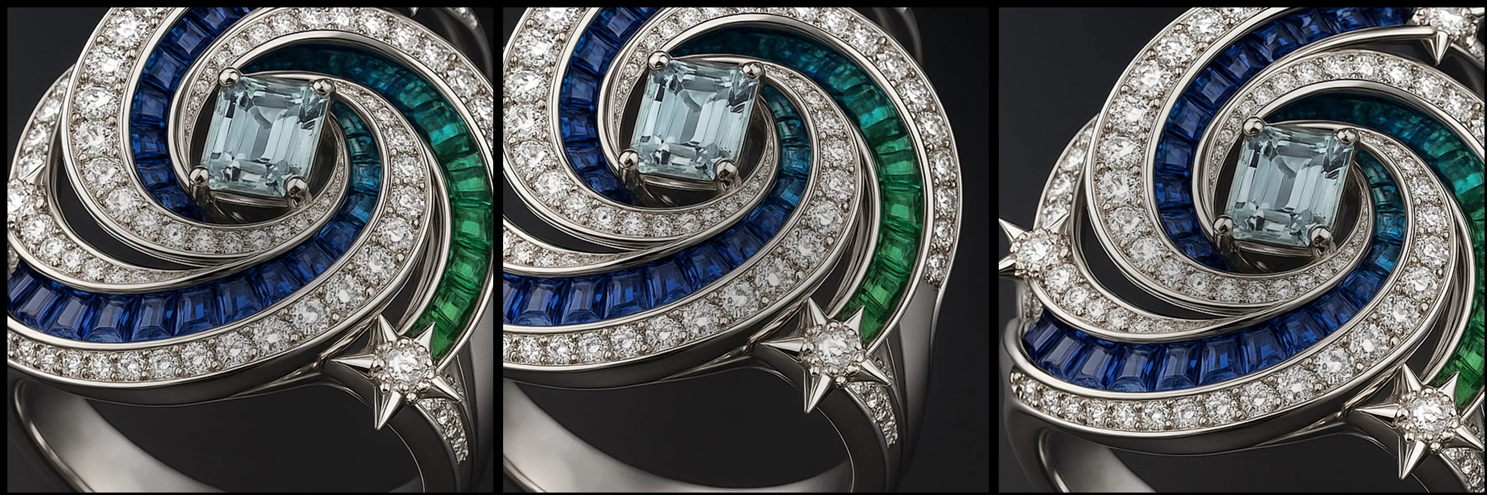 Close-up macro triptych of RedButan luxury high-jewel ring in white gold, featuring a central emerald-cut aquamarine surrounded by pavé diamonds, blue sapphires, and green emerald baguette inlays with star-shaped diamond accents.