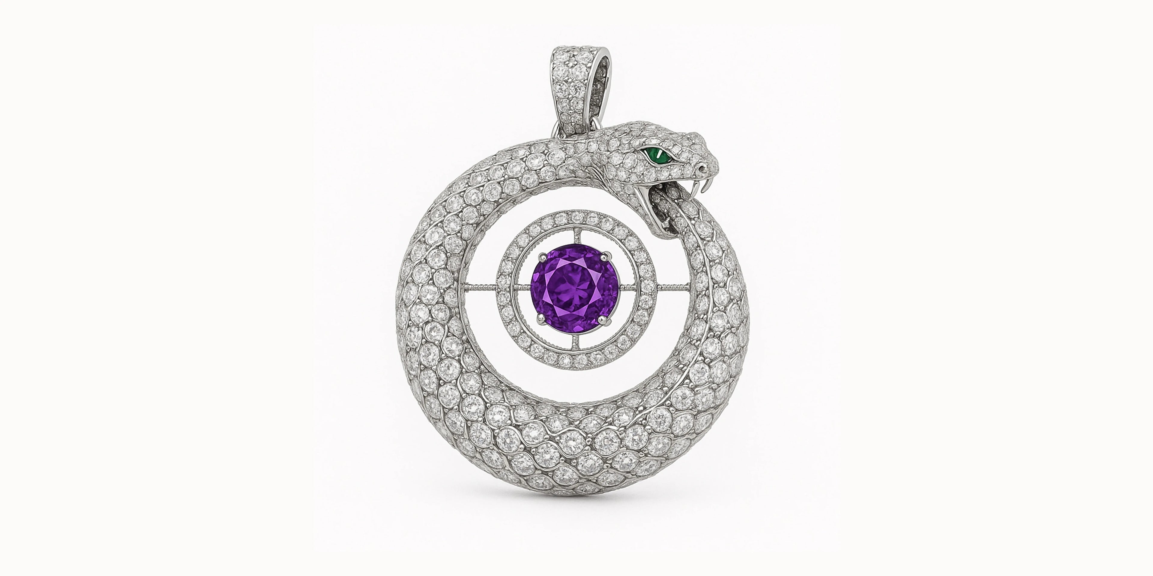 RedButan high jewel ouroboros serpent pendant with pavé diamonds, green emerald eye, and purple center gemstone in a diamond-set target ring, studio white 