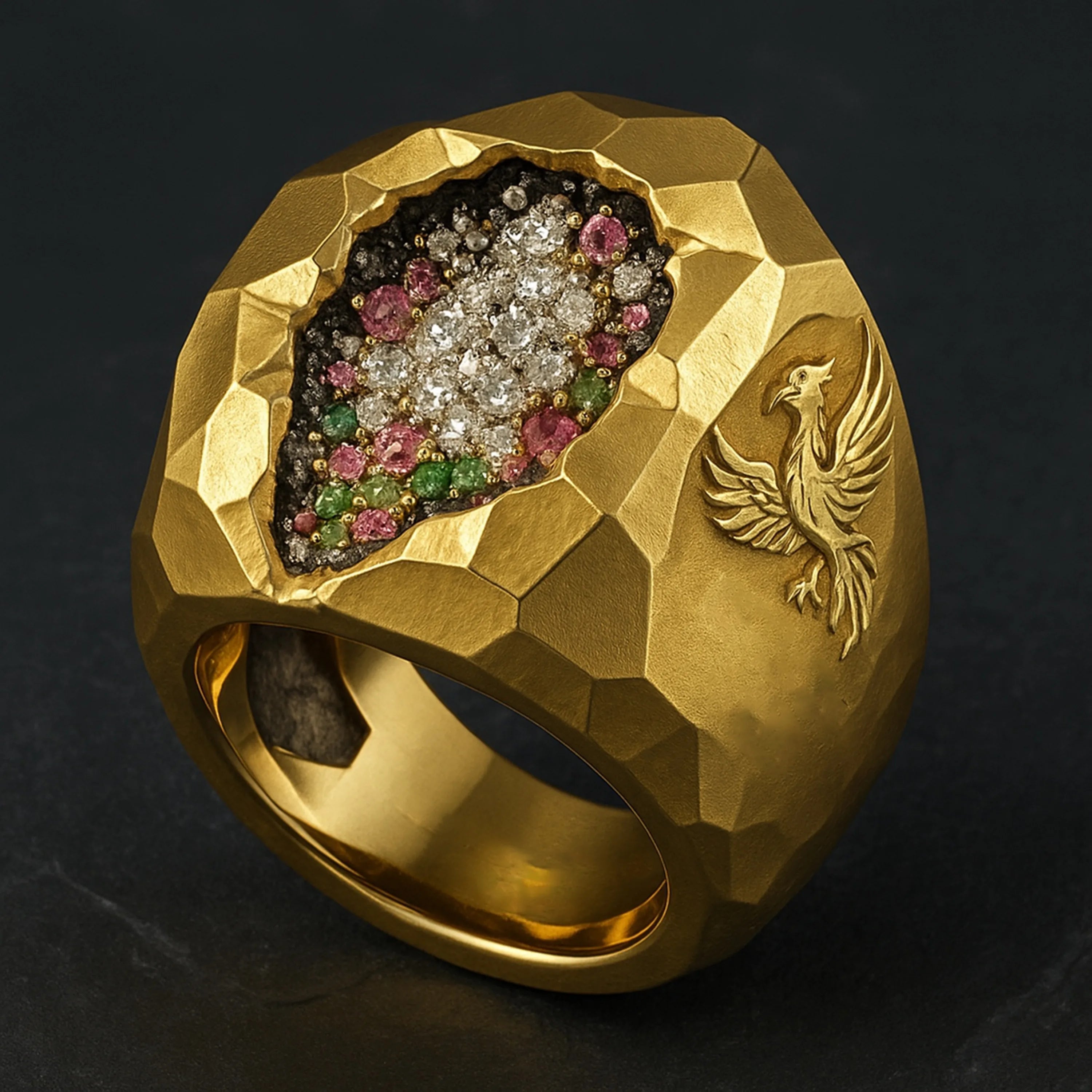 Phoenix Core Geode Signet in 18K gold—hero macro of diamond, pink and green geode crown.