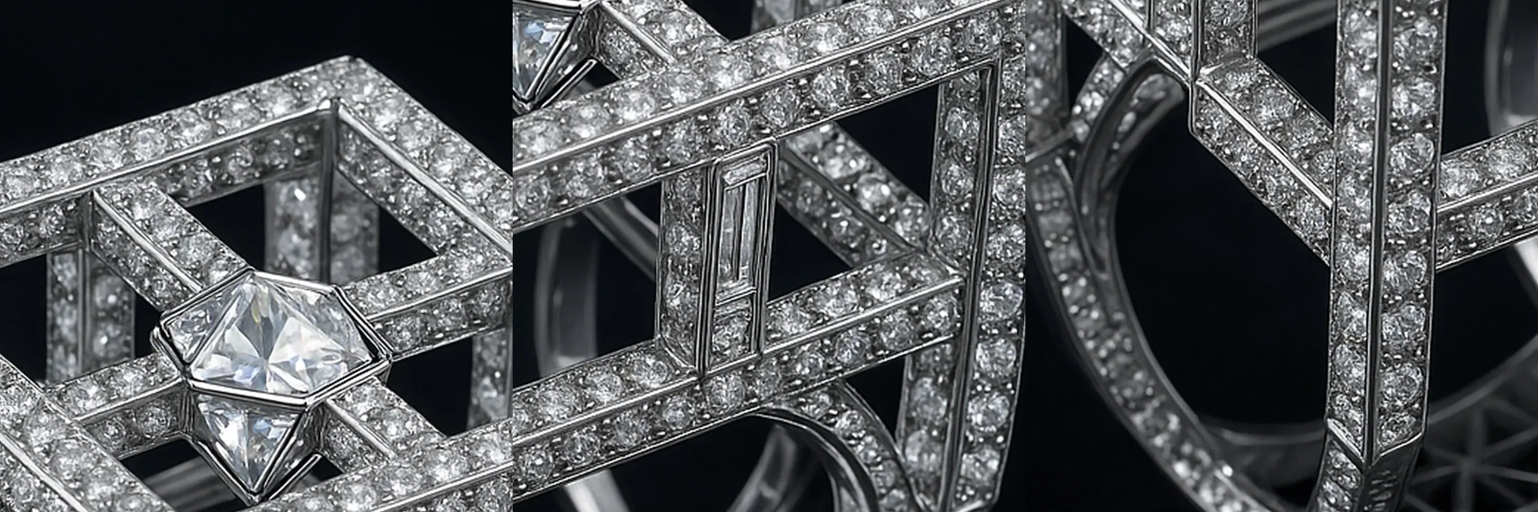 Close-up of a Redbutan Photon Tesseract high jewel ring diamond ring with intricate design depicting 4 dimensions on a black background