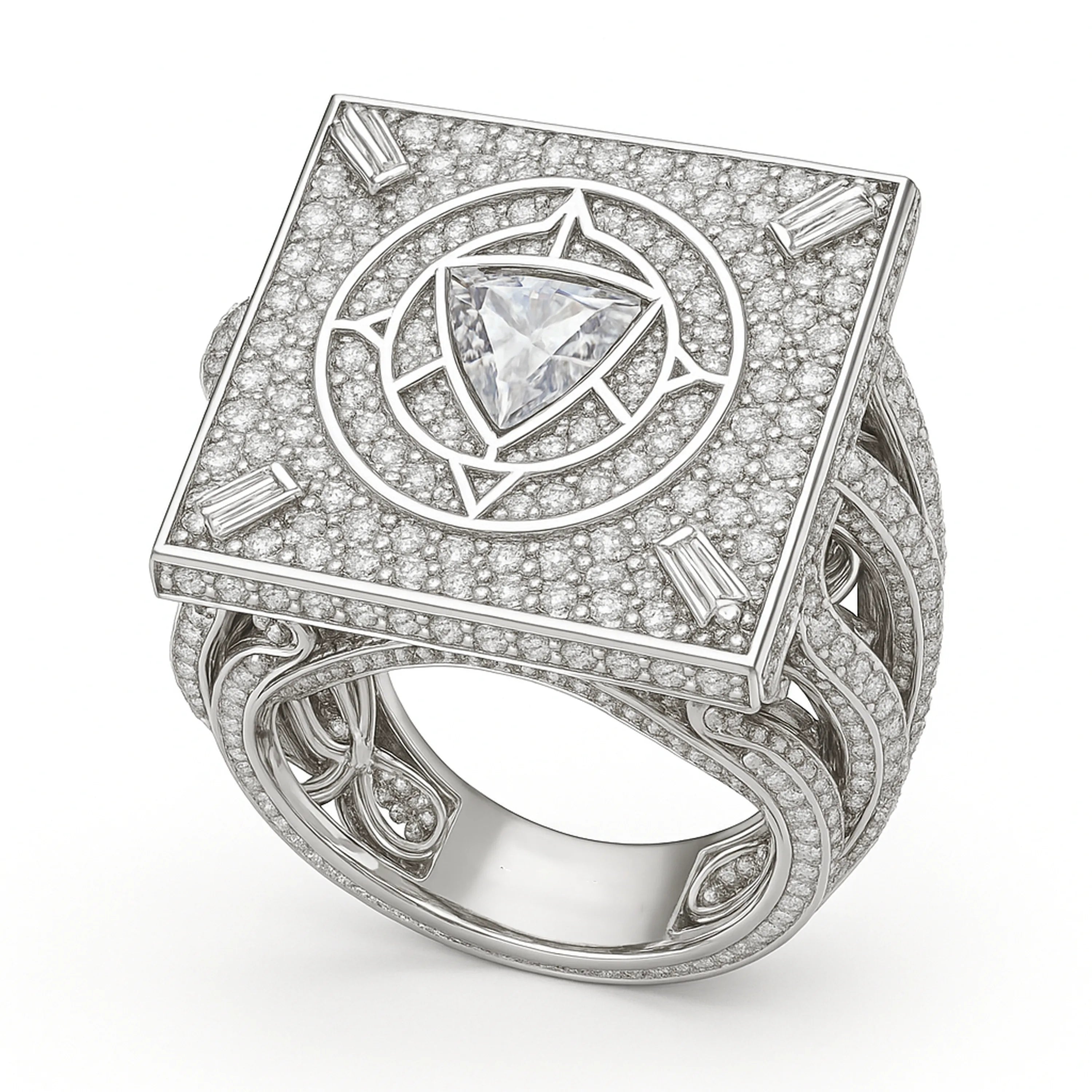 white-gold square pavé signet ring with raised circular mandala, trillion-cut center diamond, and baguette cardinal markers